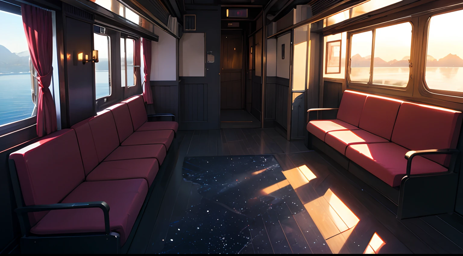 High quality masterpiece ,scenecy,Anime train passing through bodies of water on tracks, Glittering starry sky。Romantic train,Pisif,concept-art,Lofi art style,Reflectors。 By Makoto Shinkai, Lofi art, beautiful anime scenes, Anime landscapes, Detailed scenery —width 672, in the style of makoto shinkai, Makoto Shinkai's style,Detail enhancement