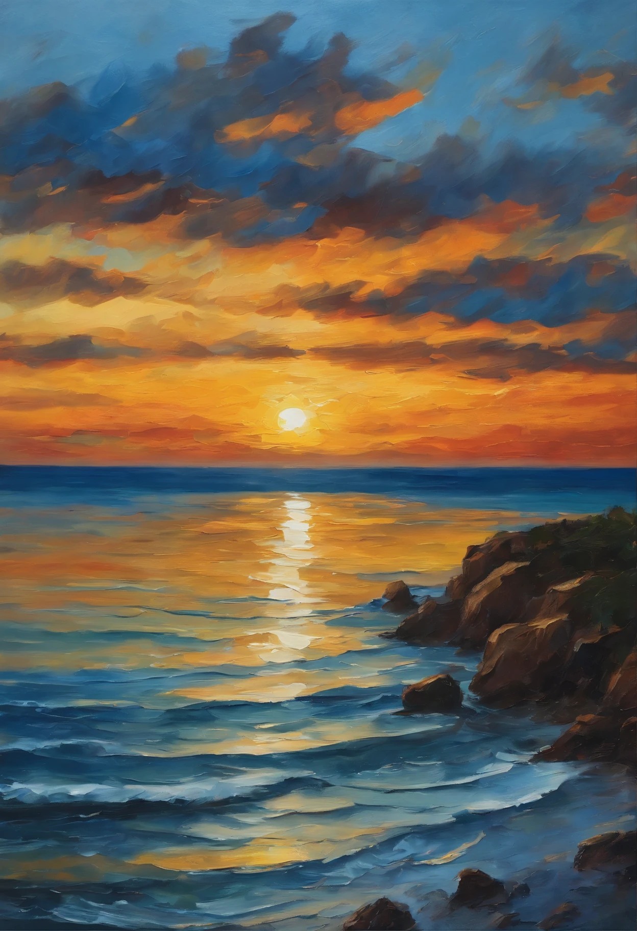 Malklossko、Painterly、Sunset over the sea、an oil painting、evening、von gogh、calm sea、Less clouds、