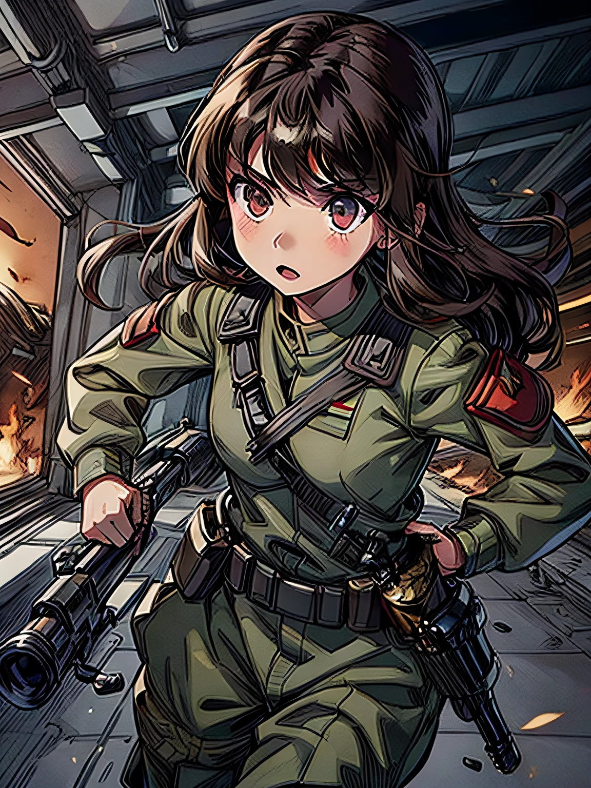 1girl in,brunette color hair,Akame,Imperial Army Soldier,Army Officer Uniform,Battlefield Background、actionpose、