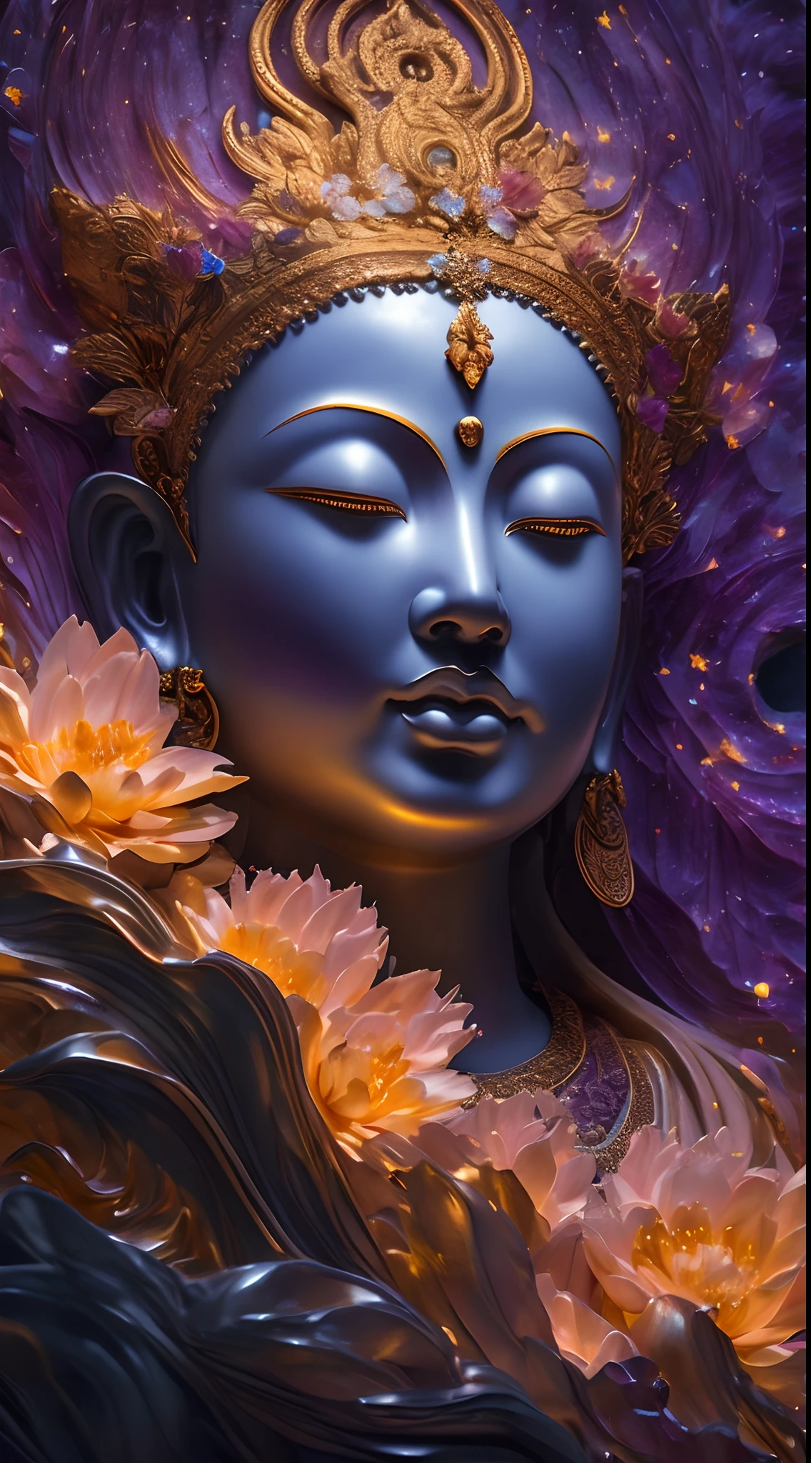 there is a statue of a woman with flowers in her hair, goddess. extremely high detail, goddess close-up portrait, extremely detailed goddess shot, beautiful art uhd 4 k, serene expression, 3 d goddess portrait, goddess of love and peace, lotus, buddha, portrait of a beautiful goddess, marc adamus, portrait shot, buddhism