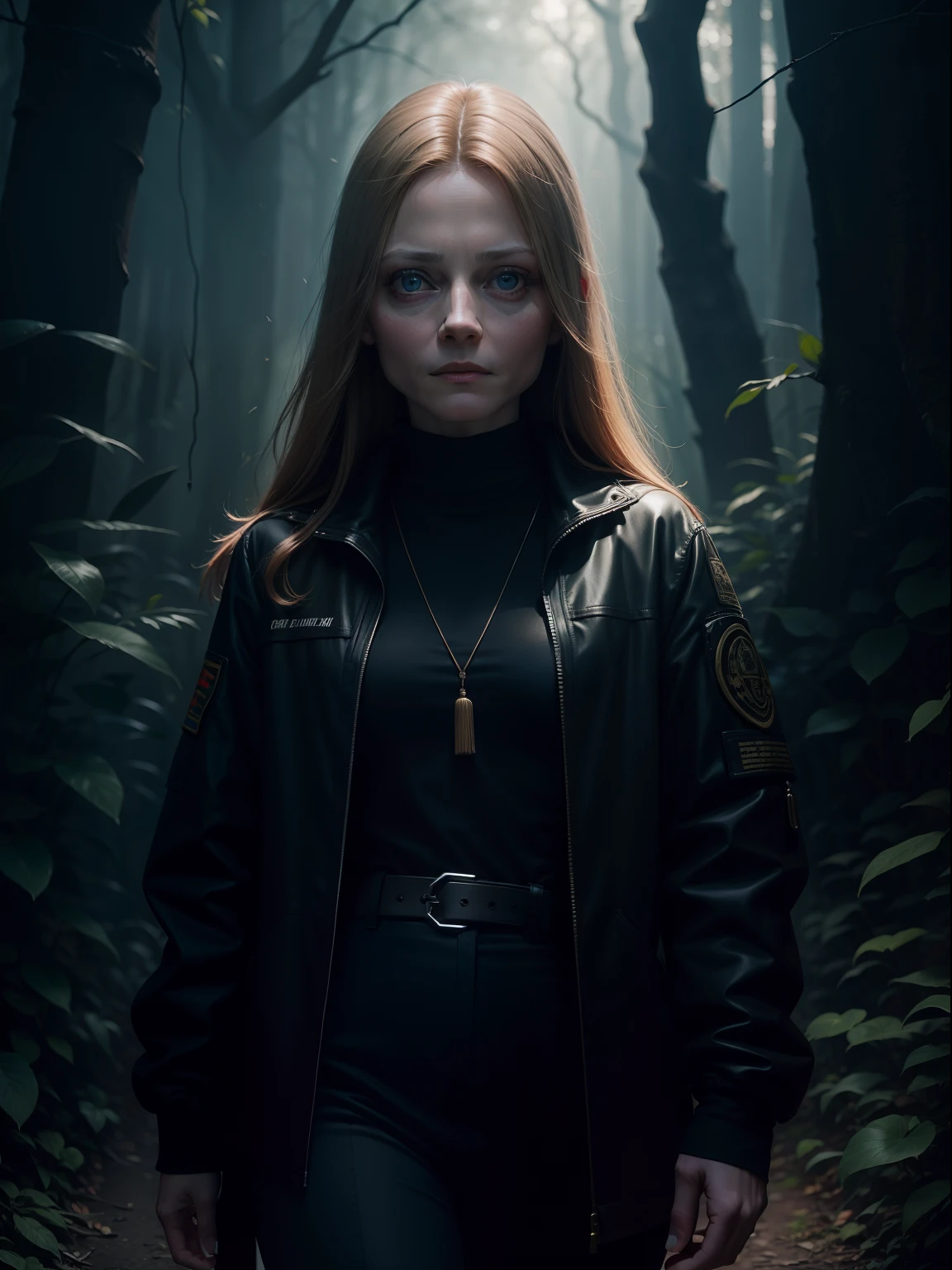 Clarice Starling from the movie "The Silence of the Lambs", Jodie Foster, FBI agent, In a dark mystical forest