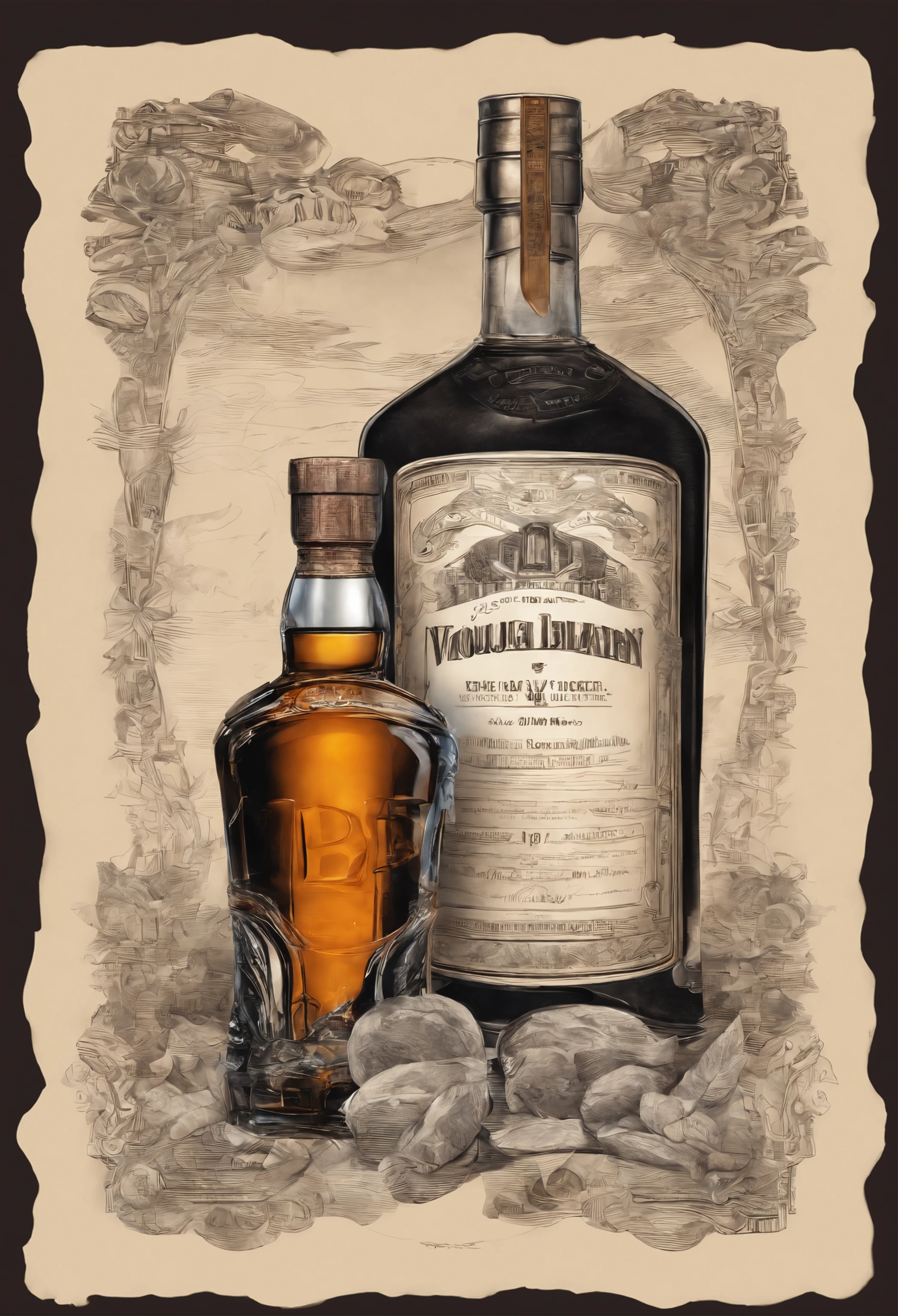 poster for,Mechanical liquor beauty,A bottle of whiskey and a plate of baked sweet potatoes,Creative advertising,Big poster,(English text),Cover of a,Eye-catching title,8K, High quality, Masterpiece, Best quality, k hd, Extremely detailed, voluminetric lighting, Photorealistic