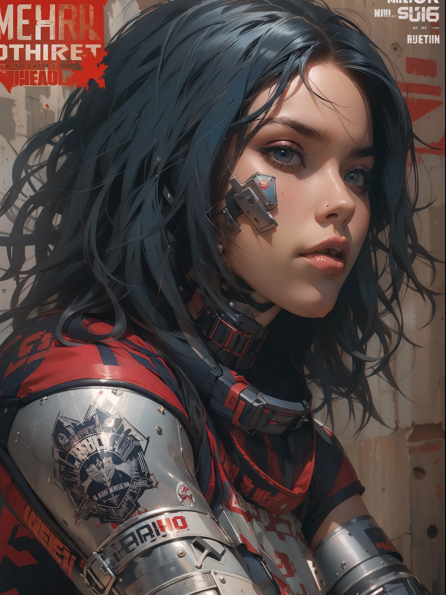 (((mulher))), (((melhor qualidade))), (((obra prima))), (((adulto))), (((1girl))), ((( corte de cabelo bob ))), Uma gladiadora cyberpunk mulher de 25 anos com corpo perfeito, shoulder pads with metal spines, Gladiadores do Brooklyn, (( corte de cabelo bob )), tiny leather panties, camiseta de time de rugby rasgada, quase nua no estilo selvagem urbano de Simon Bisley para a capa da revista Heavy Metal, Cabelo loiro curto, Minimum clothing, Metal protection on the left arm with intricate graphics, Dark red with white stars and white and navy blue checkerboard pattern, armadura, cheio de pontas e rebites, (((do joelho pra cima))), cabelos loiro branco curto, no fundo uma parede pintada por Shepard Fairey com um design intrincado