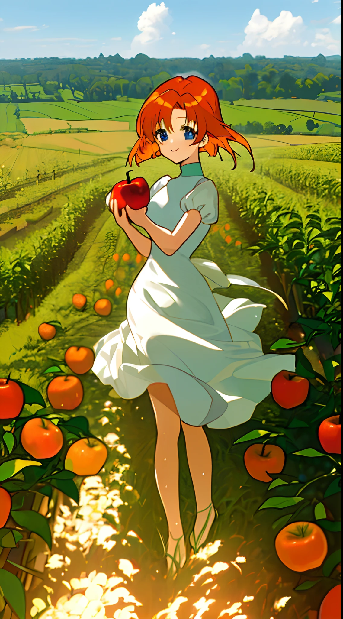 (masterpiece, best quality), ryuuguu_rena, orange hair, blue eyes, white dress, short dress, sweet apple acres, orchard, farm, happy, solo