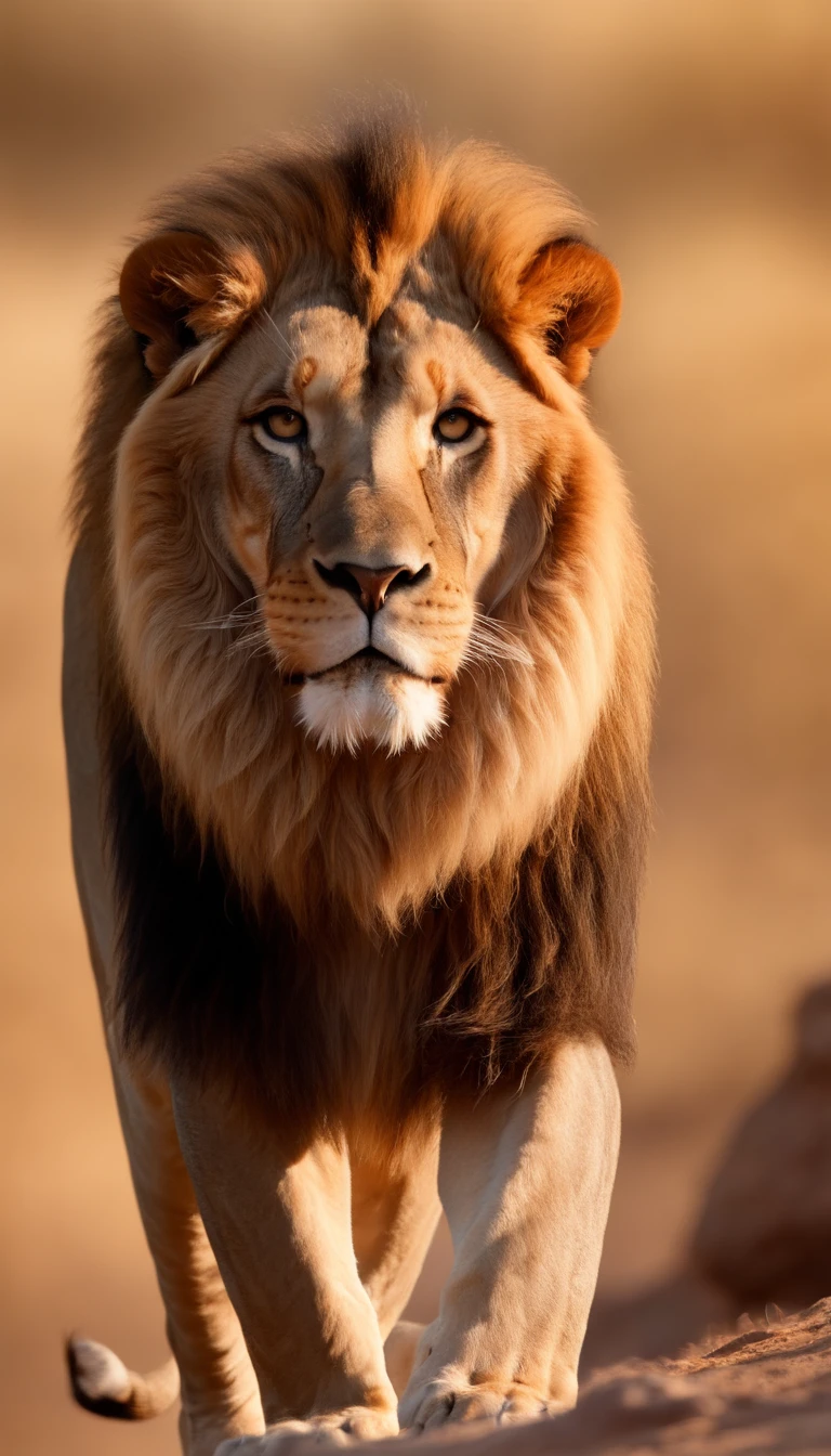 Design an image of a lion confidently walking toward a radiant sunrise. The lion's posture should exude determination, while the sunrise represents fresh beginnings and the embrace of new opportunities., (((Realism))), (((Ultra Detailed))), (((8K))), (((Special lighting))), (((Освещение 8K)))