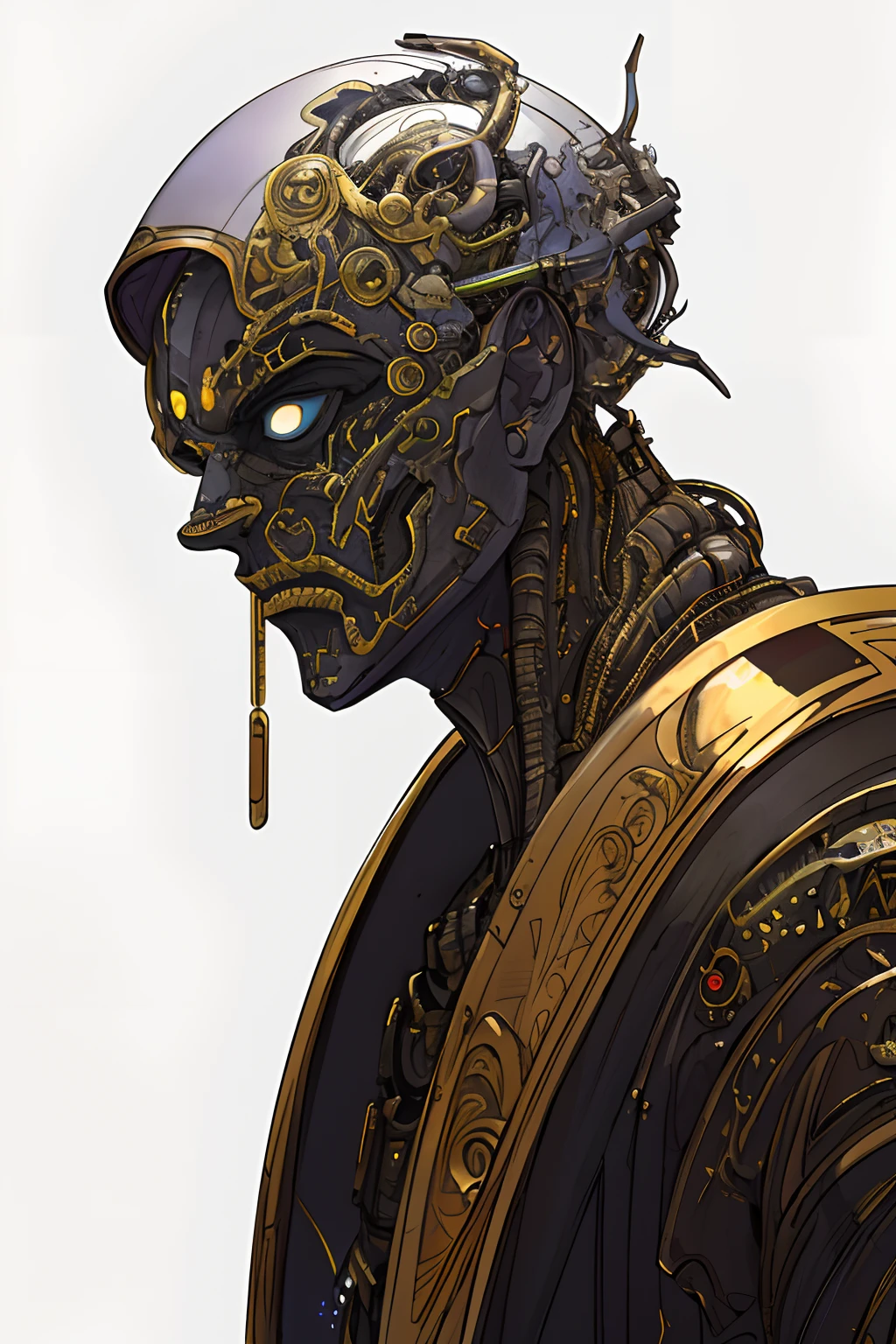 The stunning cybernetic divine deity's intricate divine body poses are accentuated by a (mouthless) mechanical male cyborg aesthetic captured with an analog 150mm lens, enhanced by a soft natural rim light and neon (gold and silver) veins. The roots and fine foliage lace adds to the beautiful detail, complementing the colorful intricacies of the Boris Bidjan Saberi (black robed) outfit, and art nouveau fashion embroidery. Devoid of hair. Sporting an accurate anatomical mechanical face with hollow eyes and no mouth. Mesh wires and mandelbrot fractals intertwine with synthetic facial muscles, microchips, creating a badass hyper-realistic visual. The ultra-detailed render is brought to life with volumetric lighting and an 8k post-production, shwocasing the red and white hues with a touch of black. Detailed metallic bolnes and iridescent collors add a Glenn Brown-style to the humanoid appearance, set in a nightmarish reality, embodying the power of a divien deity with a high-angle shot. The complex 3D render is ultra-detailed, making it a masterpiece in its own right.