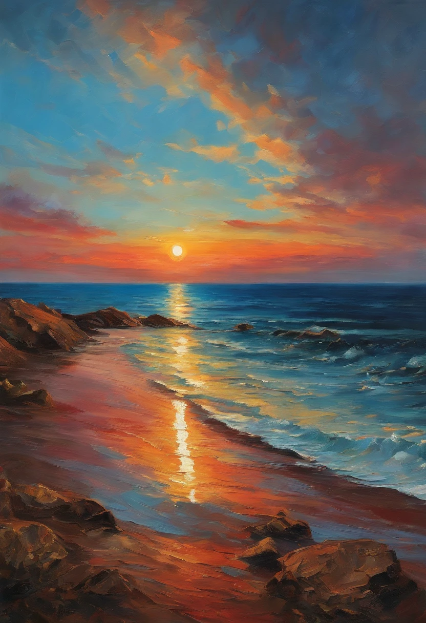 Malklossko、Painterly、Sunset over the sea、an oil painting、evening、von gogh、Calm sea、Less clouds、Two-thirds empty、The sun shines like a ruby、