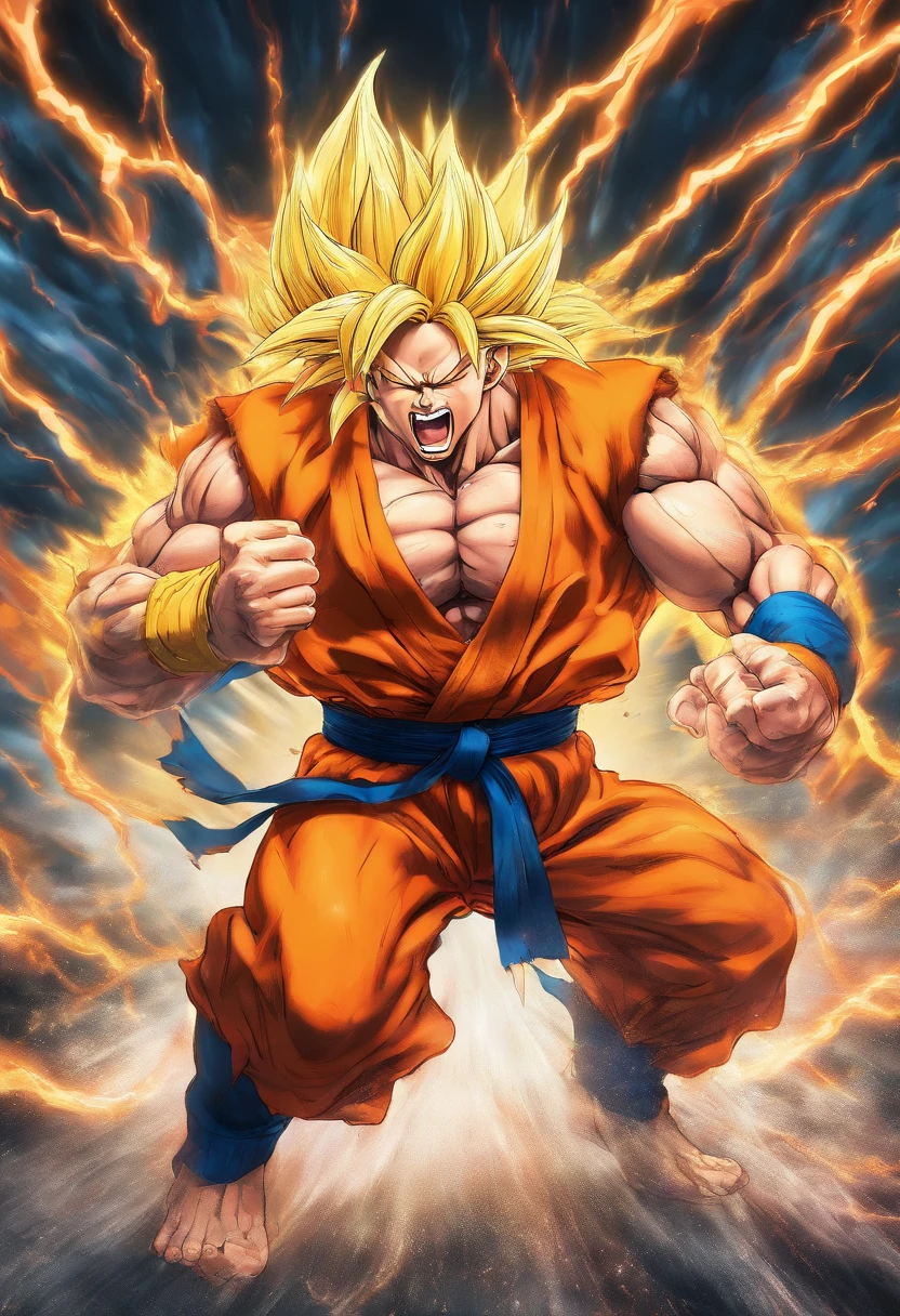 Realistic 3D rendering of Goku Super Saiyan fused Aquaman, surrounded by lightning, grande musculatura, fotografia de corpo inteiro, hiper-realista