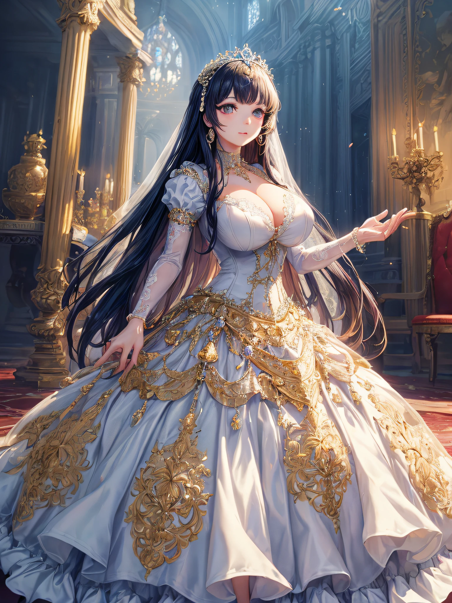 (masterpiece, best quality,extremely detailed,moe anime art style:1.2),1girl, (solo), cute, kawaii,digital art,((1 bling-bling anime princess wearing beautiful embroidery and jeweled gorgeous princess ballgown with voluminous full length hoop skirt)),((crinoline)),long train,voluminous frills,(gorgeous embroidery and beautiful lace),(very gigantic boobs,cleavage,skindentation),((shiny hair,absurdly voluminous straight hair,absurdly Long Hair)),((finely detailed face and eyes)),clear pupil,(bling-bling gorgeousfull jeweled tiara),((bling-bling gorgeous gemstone jewelry)),long veil,((in beautiful luxury palace)),flowers,flower petals flowing,((looking away)),((beautiful embroidery and jeweled gorgeous princess ballgown with voluminous full length hoop skirt))