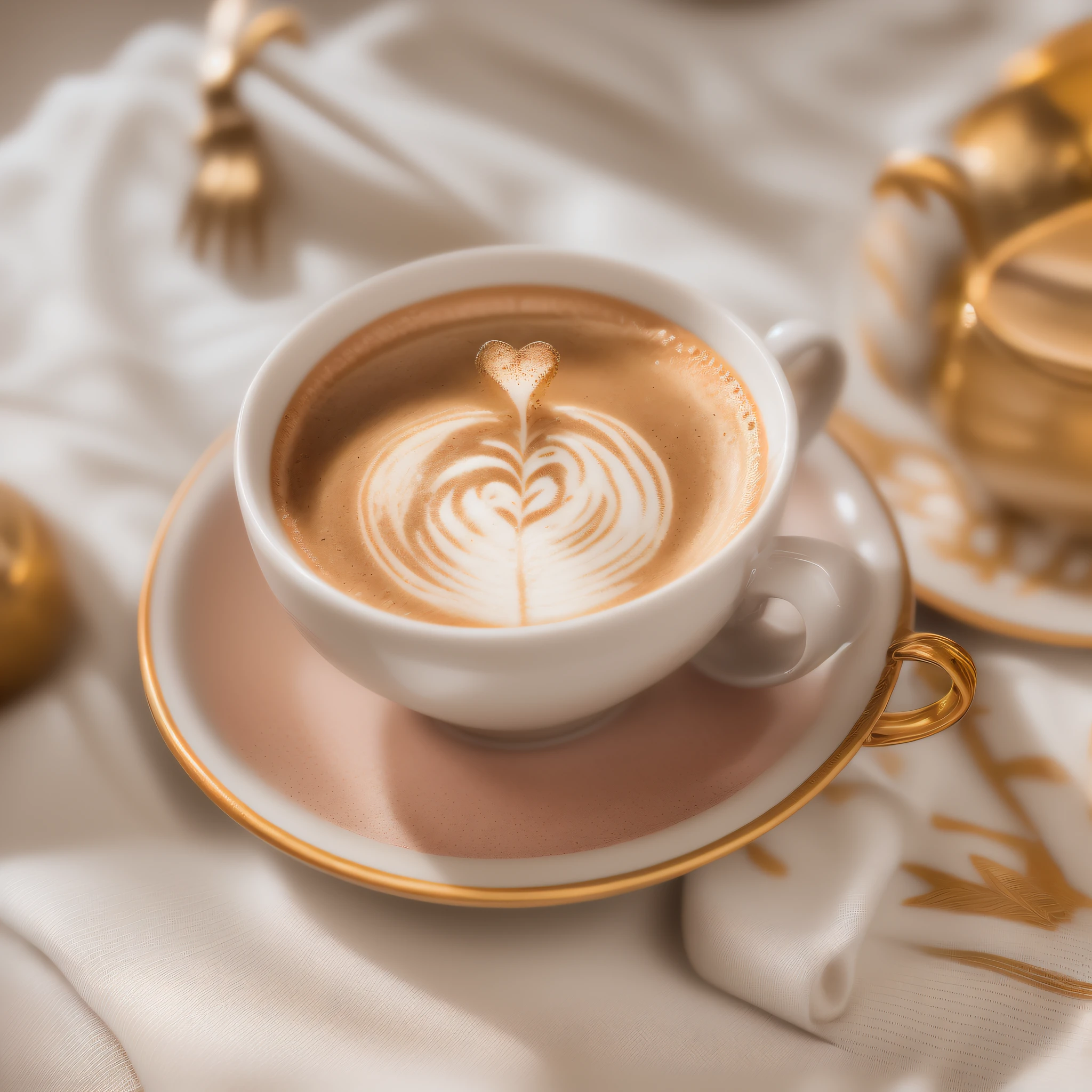 zoom on a cup of café latte, with a beautiful latte art, with the jug of milk on top of the golden cup, a cake next to the cup, on a beautiful tablecloth