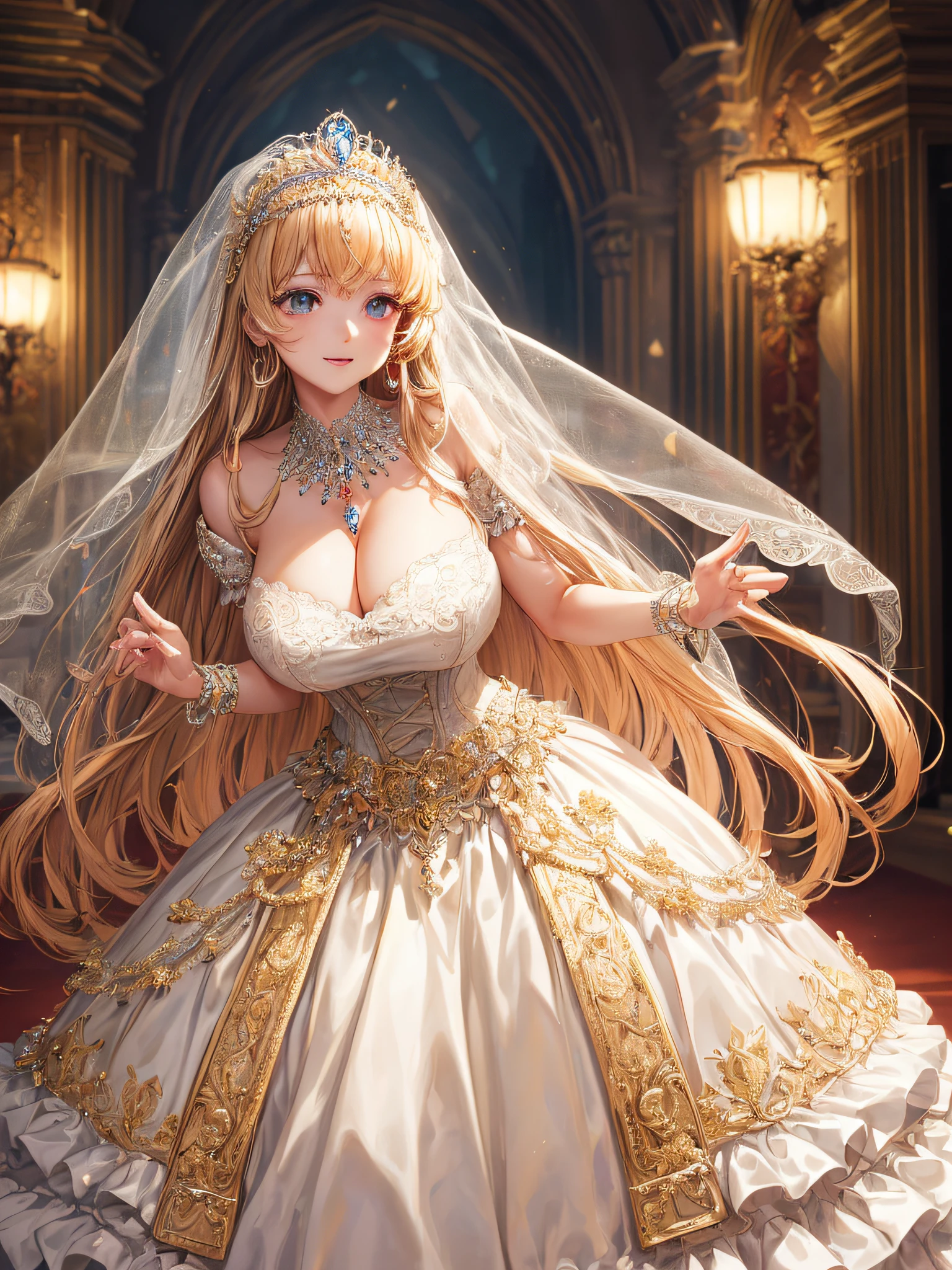 (masterpiece, best quality,extremely detailed,moe anime art style:1.2),1girl, (solo), cute, kawaii,digital art,((1 bling-bling anime princess wearing beautiful embroidery and jeweled gorgeous princess ballgown with voluminous full length hoop skirt)),((crinoline)),long train,voluminous frills,(gorgeous embroidery and beautiful lace),(very gigantic boobs,cleavage,skindentation),((shiny hair,absurdly voluminous straight hair,absurdly Long Hair)),((finely detailed face and eyes)),clear pupil,(bling-bling gorgeousfull jeweled tiara),((bling-bling gorgeous gemstone jewelry)),long veil,((in beautiful luxury palace)),flowers,flower petals flowing,((looking away)),((beautiful embroidery and jeweled gorgeous princess ballgown with voluminous full length hoop skirt))