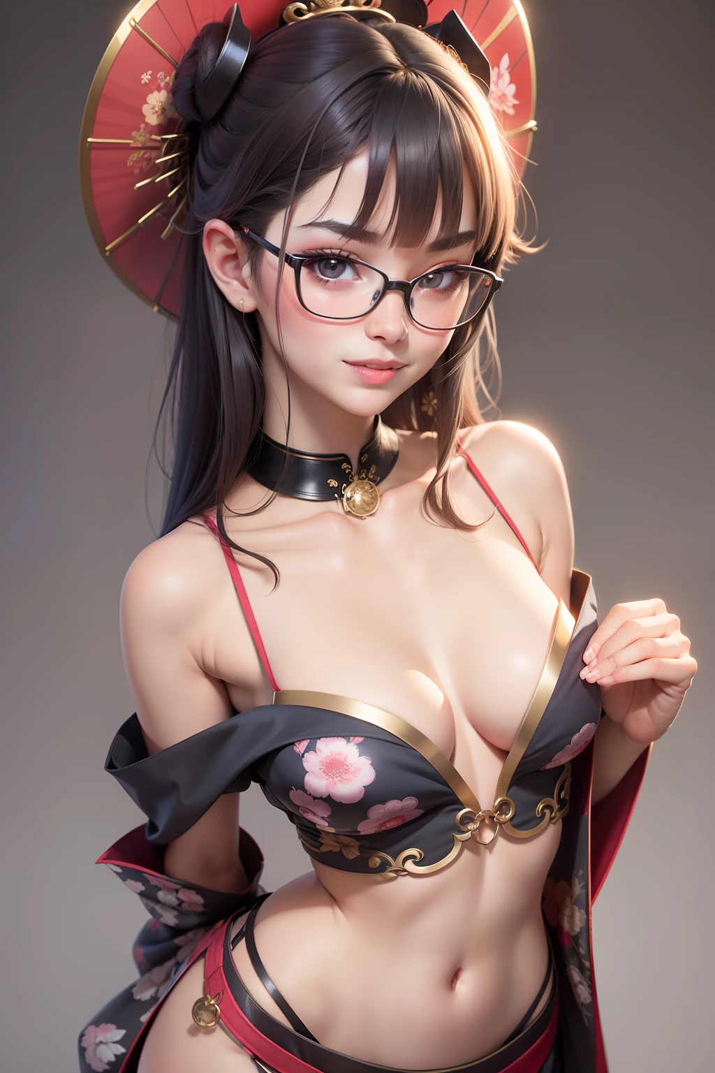 1 cute girl (18yo) glasses, upper body, slim waist, natural small breast, sexy pose, seductive expression, bangs, random hairstyle, cleavage, navel, collar, collarbone, off shoulder, seductive smile, wear intricately detail hot and sexy outfit, geisha costume, wear unique helmet, random light color, upper body. flat gray color for background
