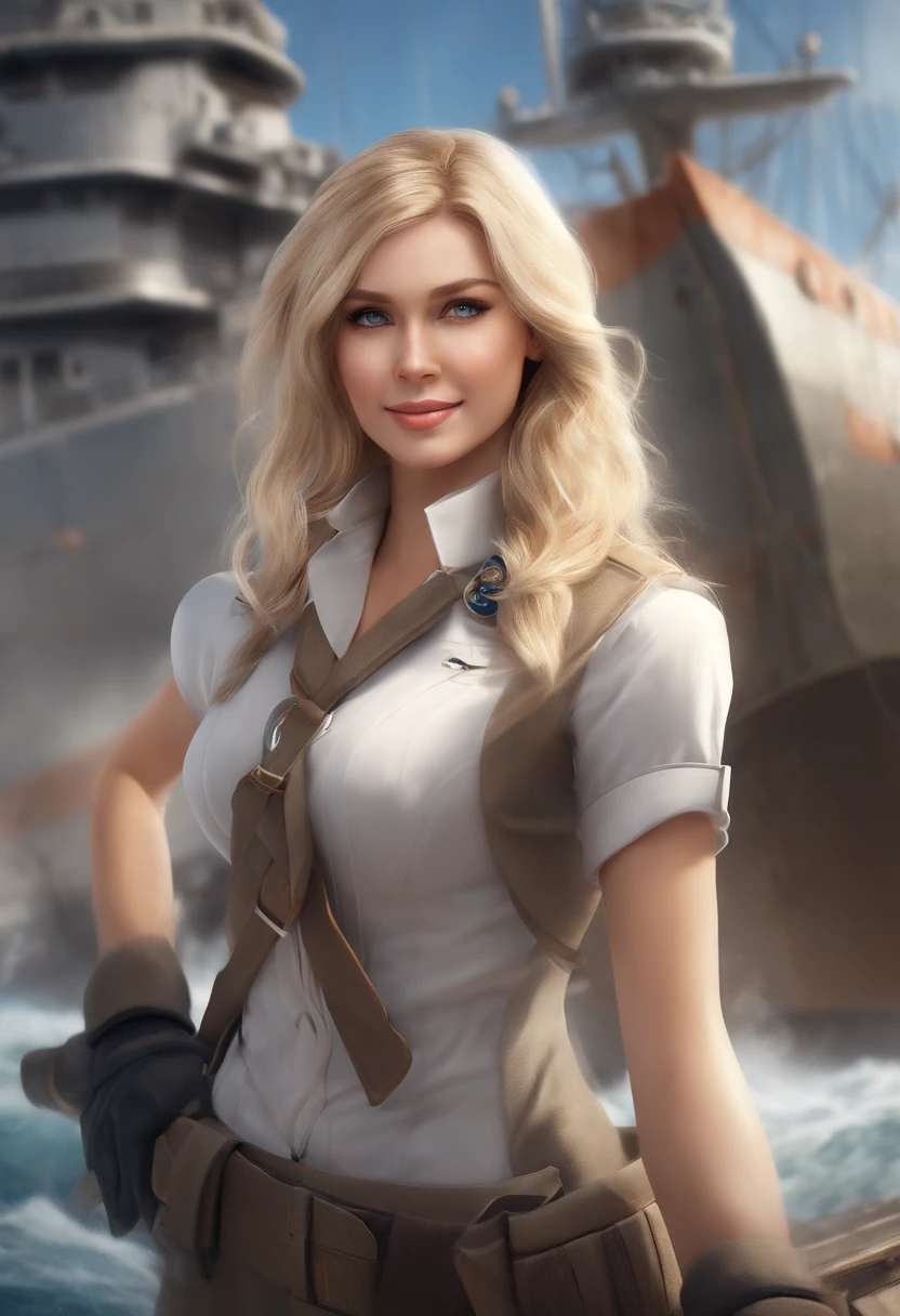 {{masterpiece, best quality, extremely detailed CG, unity 8k wallpaper, cinematic lighting, }}, Sony α7, wide frame, South Pacific, during war with Asian powers, wind blowing on Aegis ship, 1 Girl, Full Body, smile, she is a US Navy sailor, Caucasian, 20 Years Old, Smile, Blonde Hair, Short Bob, blue eyes , long eyelashes ,