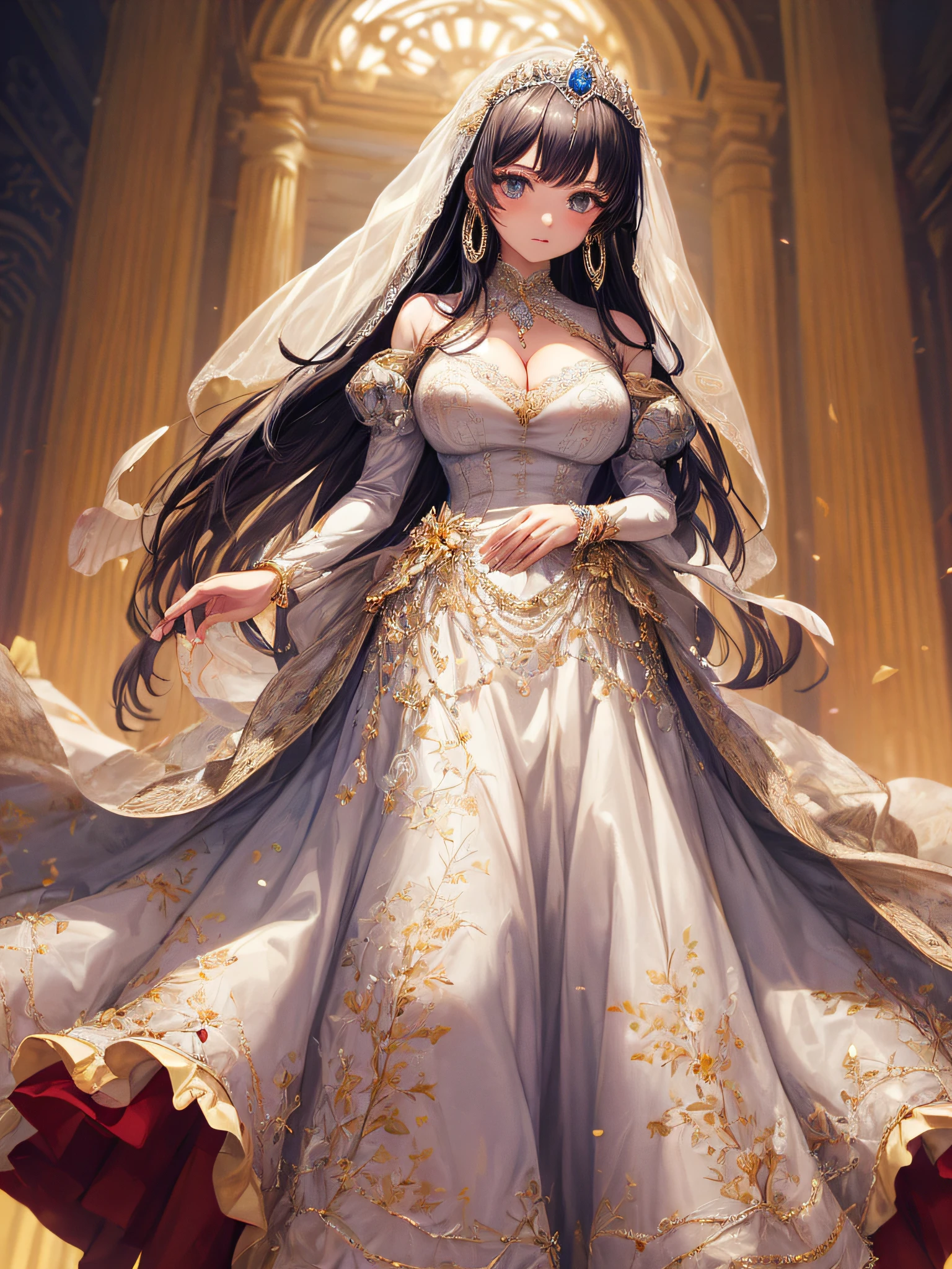 (masterpiece, best quality,extremely detailed,moe anime art style:1.2),1girl, (solo), cute, kawaii,digital art,((1 bling-bling anime princess wearing beautiful embroidery and jeweled gorgeous princess ballgown with voluminous full length hoop skirt)),((crinoline)),long train,voluminous frills,(gorgeous embroidery and beautiful lace),(very gigantic ,cleavdentation),((shiny hair,absurdly voluminous straight hair,absurdly Long Hair)),((finely detailed face and eyes)),clear pupil,(bling-bling gorgeousfull jeweled tiara),((bling-bling gorgeous gemstone jewelry)),long veil,((in beautiful luxury palace)),flowers,flower petals flowing,((looking away)),((beautiful embroidery and jeweled gorgeous princess ballgown with voluminous full length hoop skirt))