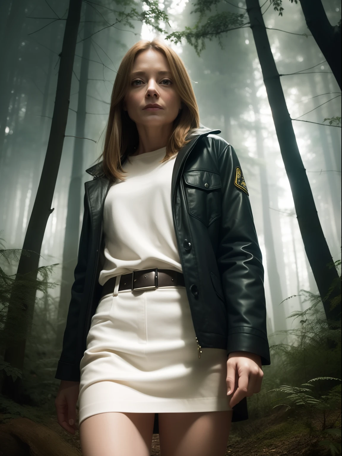 Clarice Starling from the movie "The Silence of the Lambs", Jodie Foster, FBI agent, In a dark mystical forest