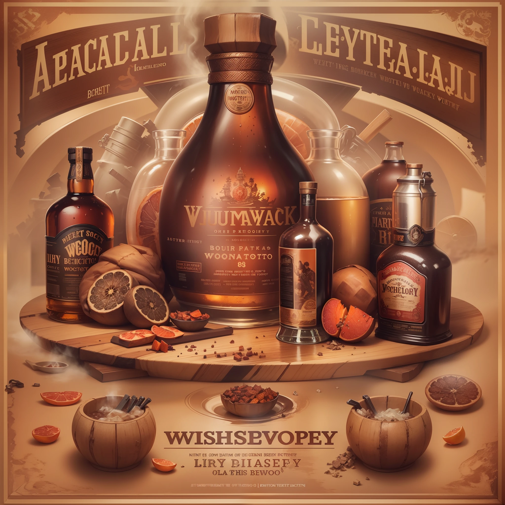 poster for,Mechanical liquor beauty,A bottle of whiskey and a plate of baked sweet potatoes,Creative advertising,Big poster,(English text),Cover of a,Eye-catching title,8K, High quality, Masterpiece, Best quality, k hd, Extremely detailed, voluminetric lighting, Photorealistic