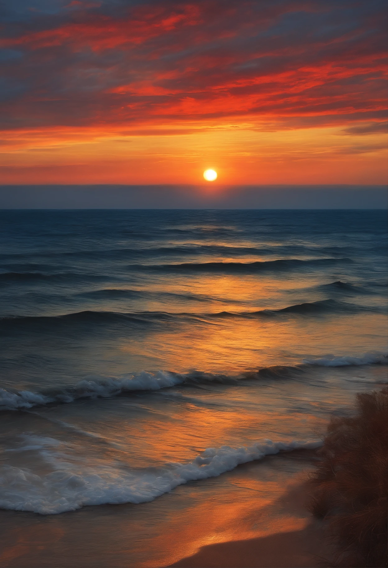 Malklossko、Painterly、Sunset over the sea、an oil painting、evening、von gogh、Calm sea、Less clouds、Two-thirds empty、The sun shines like a ruby、
