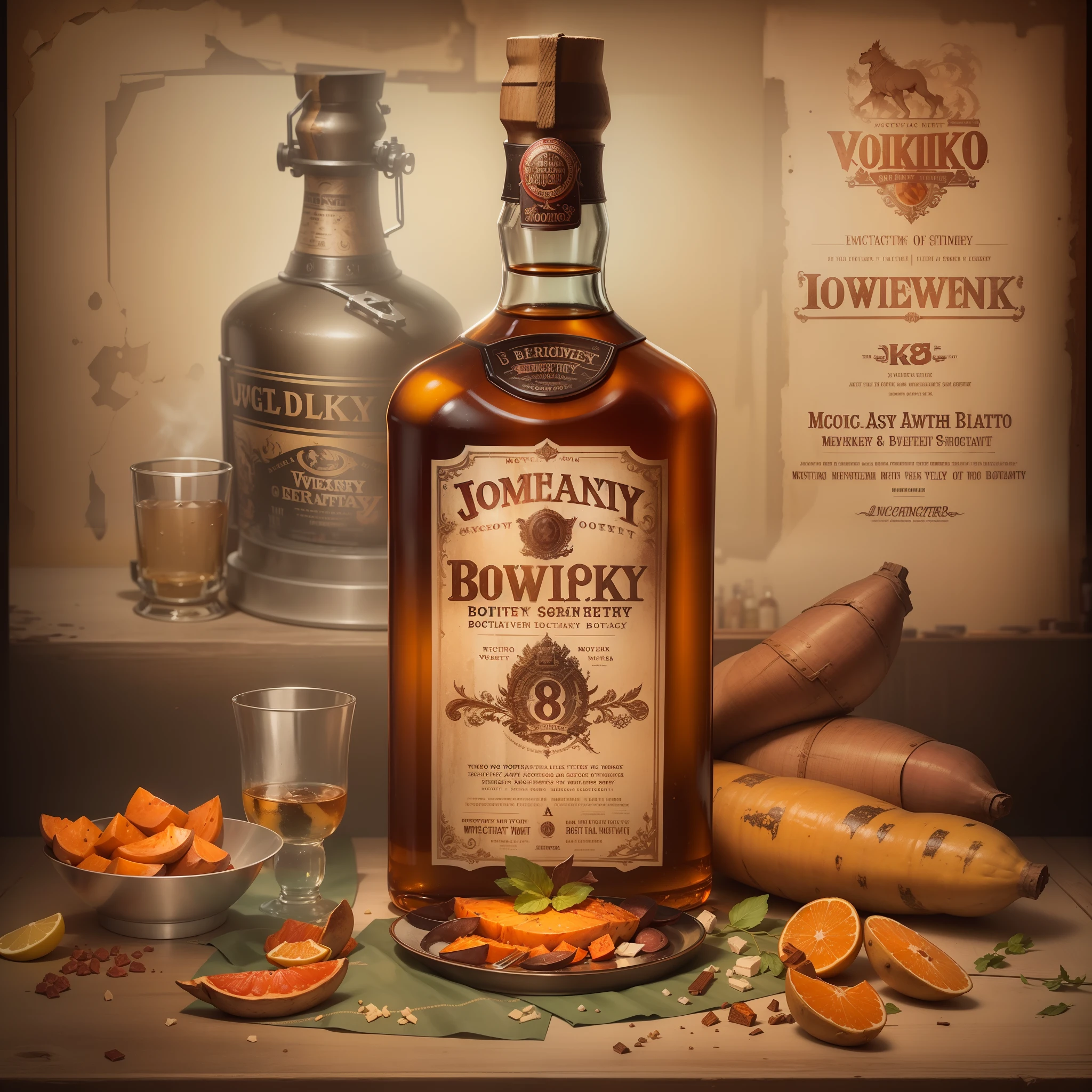 poster for，Mechanical liquor beauty，A bottle of whiskey and a plate of baked sweet potatoes，Creative advertising，Big poster，(English text)，Cover of a，Eye-catching title，8K, High quality, Masterpiece, Best quality, k hd, Extremely detailed, voluminetric lighting, Photorealistic