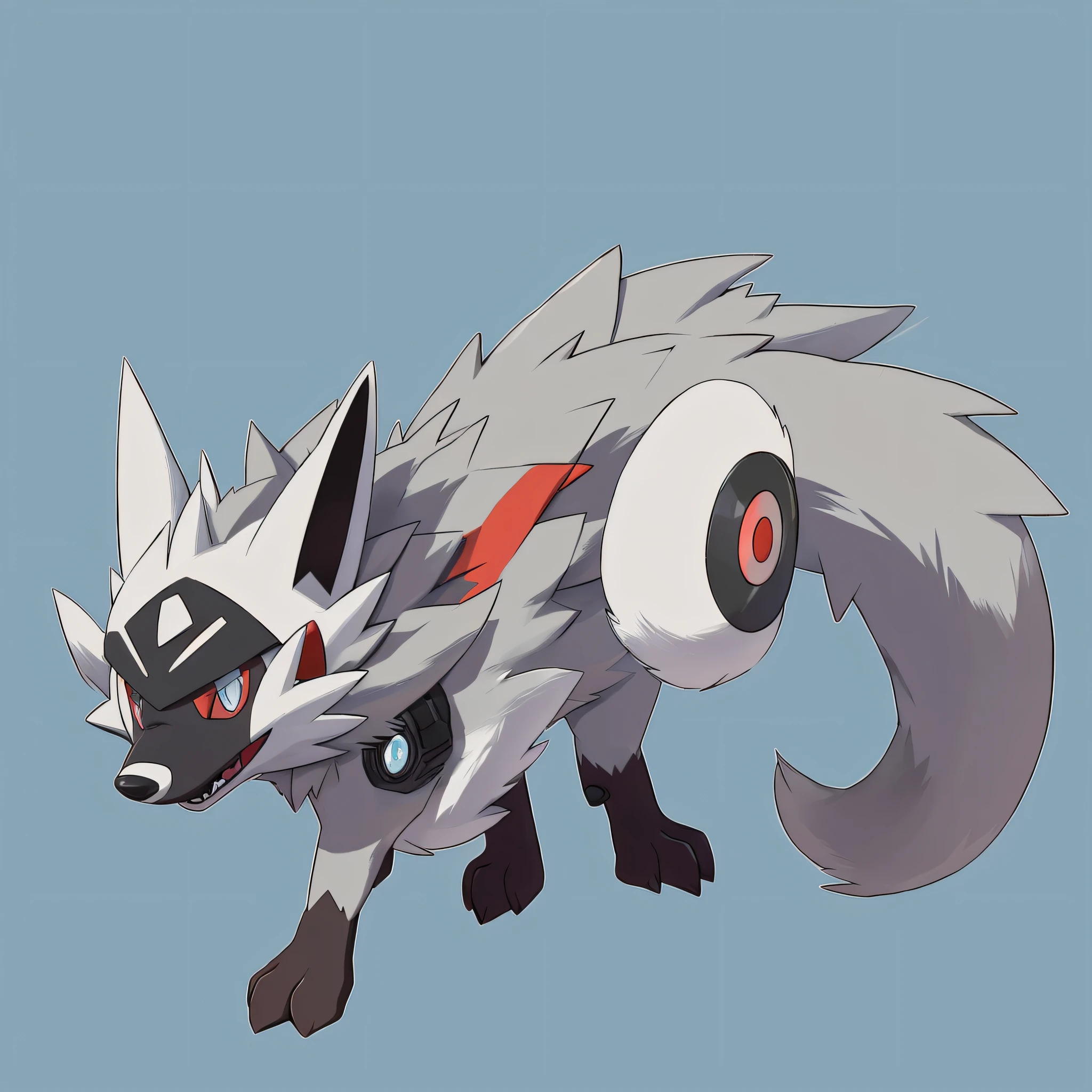 cyberpunk, there is a cartoon of a raccoon with a helmet on, zorua pokemon, new pokemon, koda kazuma, conceptual mystery pokemon, weird pokemon, the fox-like evolution pokemon, style of pokemon, silver eyes full body, illustration pokemon, similar to pokemon, kemono, hypdertailed, white - haired fox, pokemon art style, style of cute pokemon