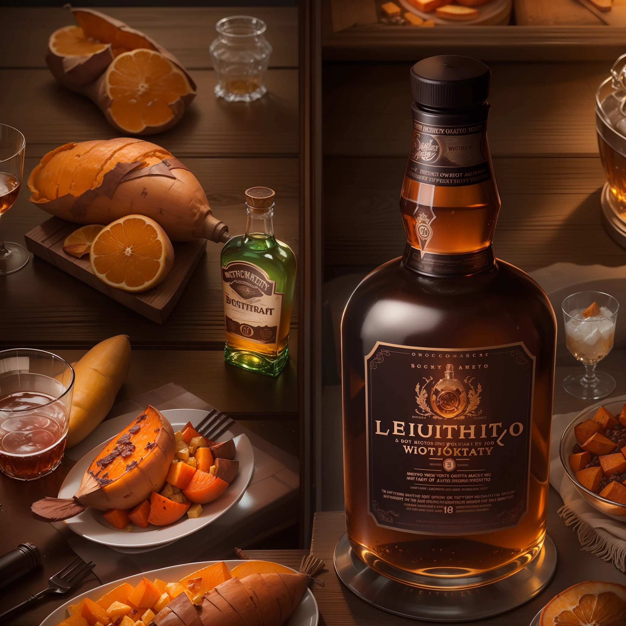 poster for,Mechanical liquor beauty,A bottle of whiskey and a plate of baked sweet potatoes,Creative advertising,Big poster,(English text),Cover of a,Eye-catching title,8K, High quality, Masterpiece, Best quality, k hd, Extremely detailed, voluminetric lighting, Photorealistic