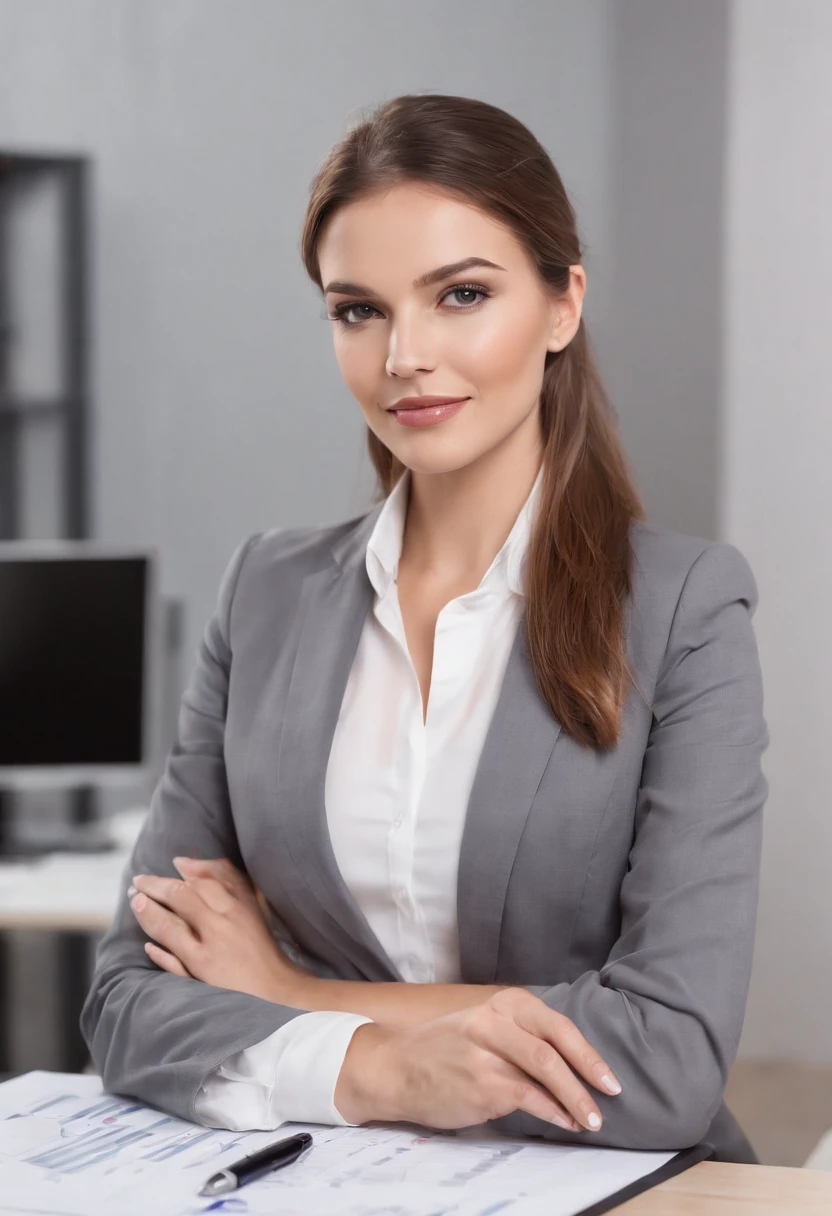 (best quality,4k,8k,Altas,master part:1.2),ultra-detalhado,(Realistic,fotorrealista,photo-realistic:1.37),retrato,traje formal,Ambiente profissional,confident expression,corte de cabelo elegante,office environment,Modern office building,arquitetura impressionante,pose elegante,Executiva Feminina,salto alto,bright and spacious office,foco nítido,mulheres trabalhando juntas,olhar polido,paleta de cores neutras,soft natural lighting,Design limpo e minimalista,Important business meeting,intricate patterns on the suit,penteado bem cuidado,Mesa com computador e papelada,Ar de autoridade,mulheres bem-sucedidas e realizadas,atmosfera positiva e empoderadora,comportamento profissional,maquiagem sutil,Focus and determination in your eyes,mulheres de carreira de sucesso,Immaculate presentation,Achievement and ambition,terno sob medida,modern furniture,Contemporary artwork on the walls,senso de profissionalismo e produtividade,friendly and collaborative work environment,Exuding confidence and competence,ambiente inspirador e motivacional,Igualdade e diversidade no local de trabalho,Inspiring future generations of female leaders.