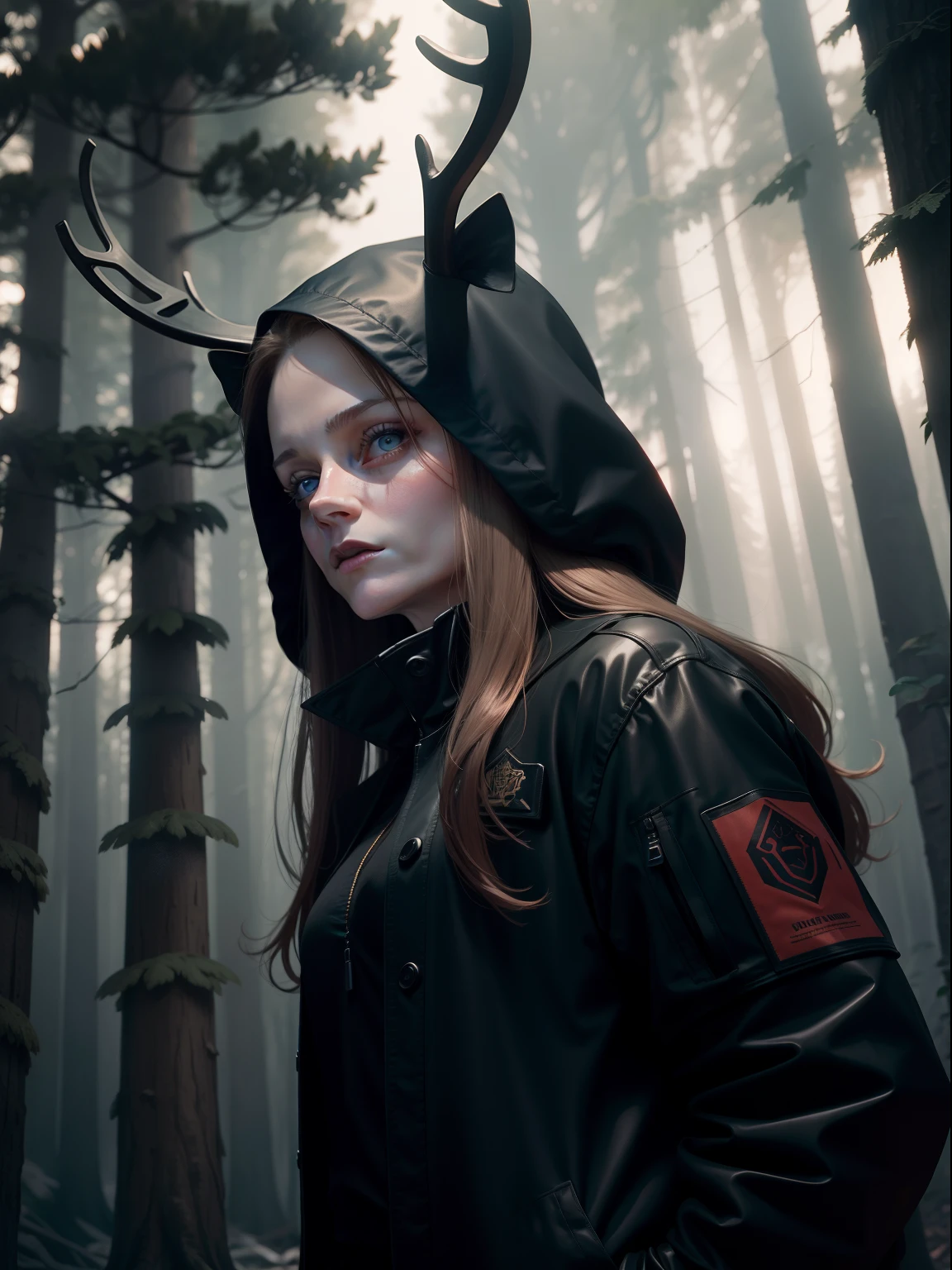 Clarice Starling from the movie "The Silence of the Lambs", Jodie Foster, FBI agent, In a dark mystical forest, Nearby stands a large black deer with long antlers and red eyes