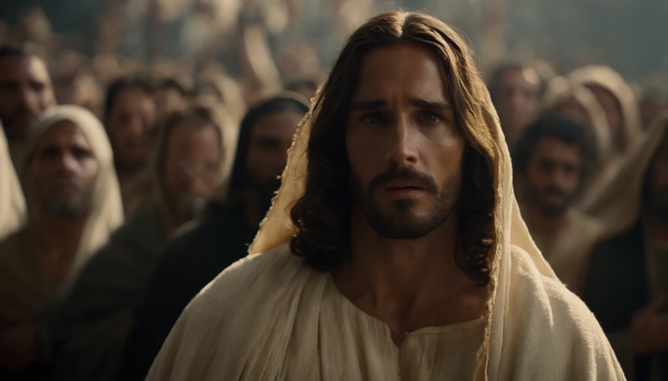 Jesus carregando sua cruz , his robes are torn, ele usa uma coroa de espinhos, He's in the crowd, Arte sacra