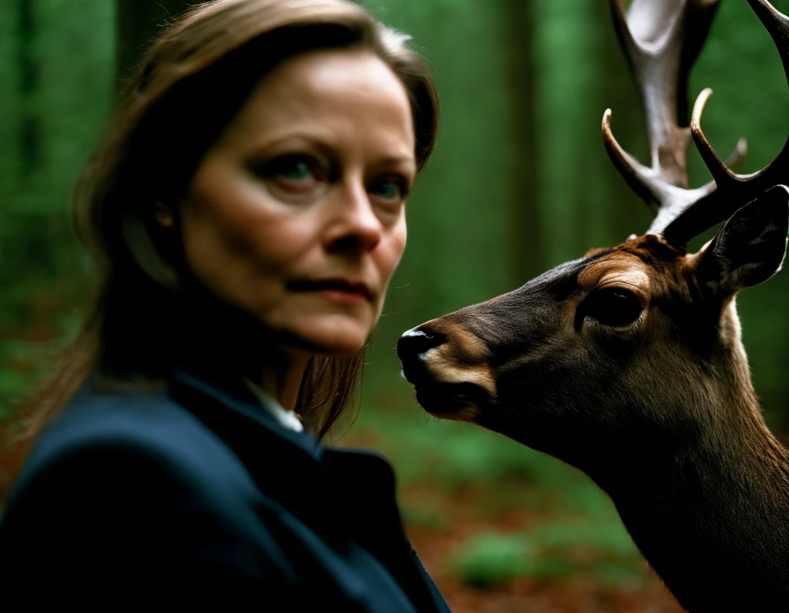 Clarice Starling from the movie "The Silence of the Lambs", Jodie Foster, FBI agent, In a dark mystical forest, Behind her is a large black deer with thick antlers and red eyes