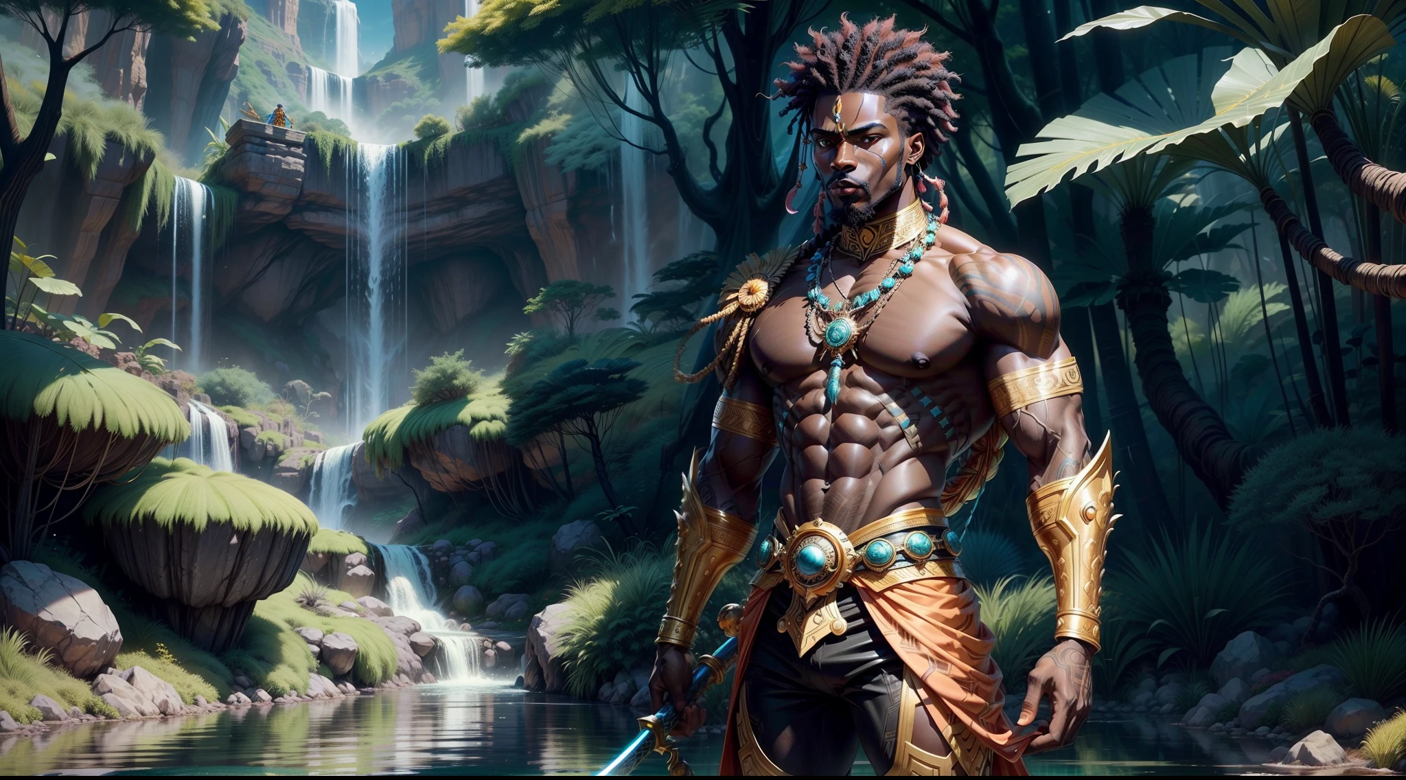 African god of rain sitting in the rainy dark clouds, lightning striking in the background, night time soft light piercing through the clouds, cinematic scene, cinematic lighting, 32k, ultra HD, unreal engine rendered, artgerm style, highly-realistic image,