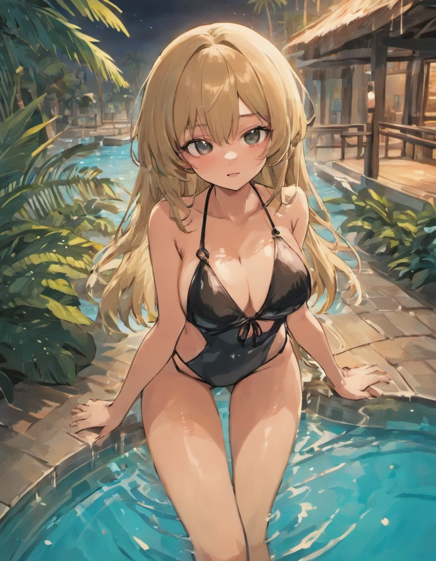 masterpiece, excellent quality, high quality, 1girl, looking at viewer, mature woman, upper body, tall female, wet, sitting with feet in the water, partially submerged, gyaru, (dark skinned female:1.4), adjusting hair, (blonde hair, bangs, very long hair:1.2), (wavy hair:1.4), hair spread out, eyelashes, cute face, detailed face, detailed eyes, eyelashes, brown eyes, confident smile, detailed lips, large breasts, cleavage, skindentation, (choker, black front-tie bikini top, black side-tie bikini bottom:1.2), pool, outdoors, night, tropical resort hotel, palm trees, bushes, rocks, wooden floor, beautiful detailed night sky, bungalow