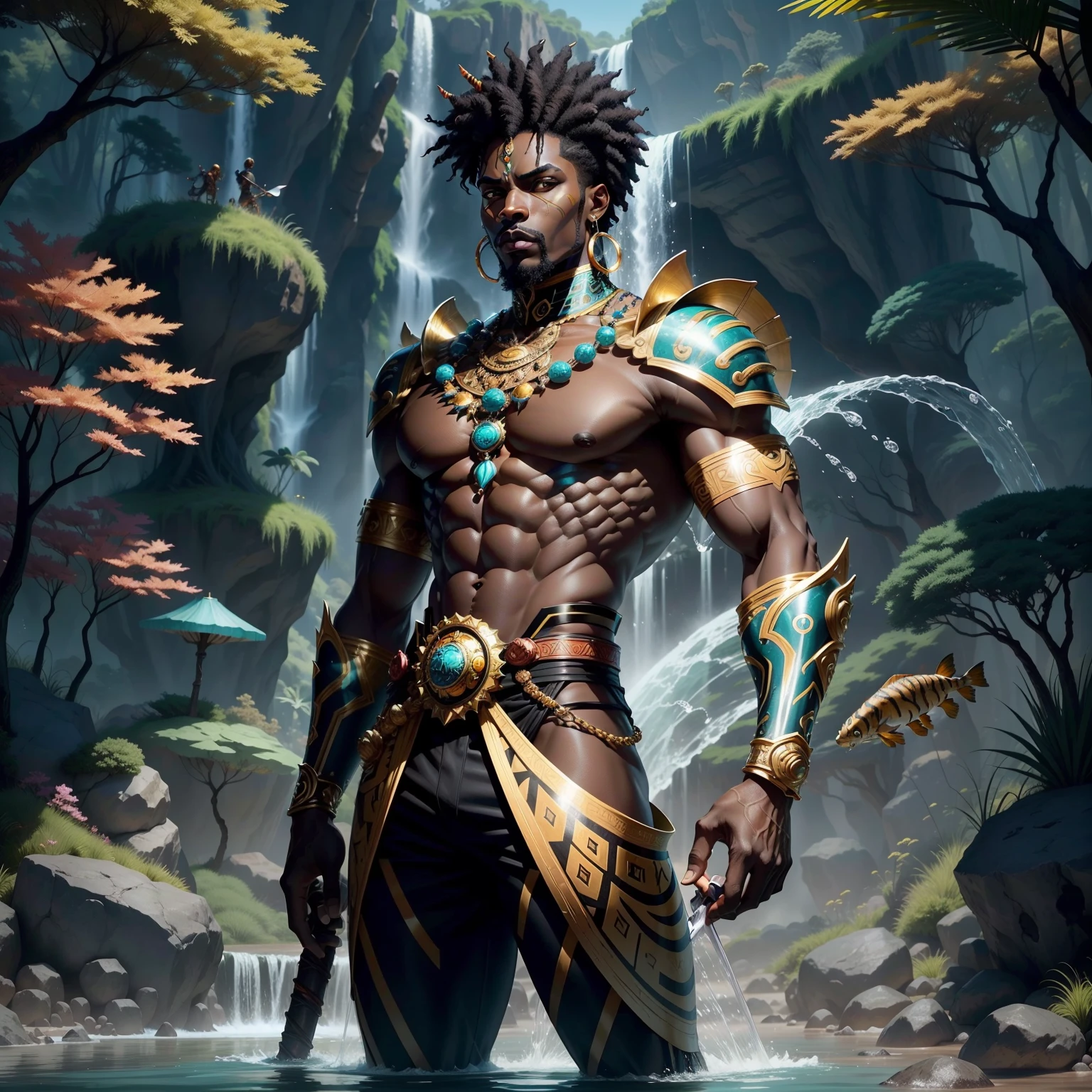 afrofuturism, orisha, A black short and Muscle black man, african god of hunt wearing a turquoise and yellow hunter suit, holding a sword and spear, waterfall background, tiger and fishes, a river, orisha, afrofuturism, ultra quality, short man, 8K, african necklaces, seashells clothes