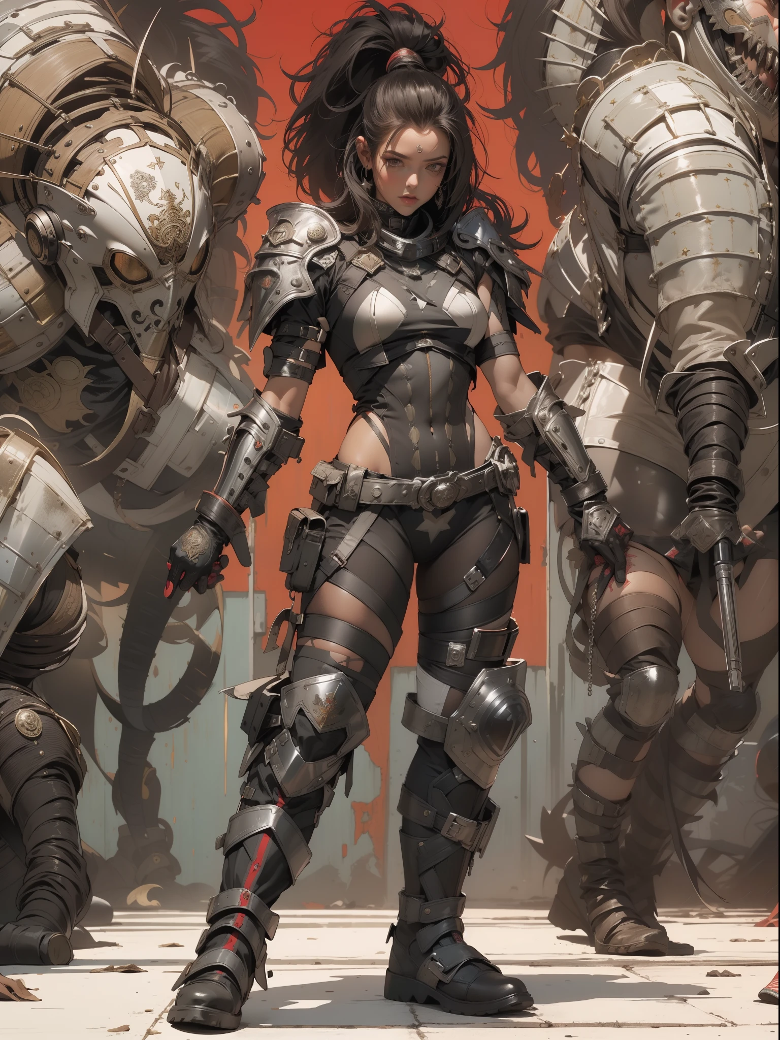 (((mulher))), (((melhor qualidade))), (((obra prima))), (((adulto))), (((1girl))), ((( corte de cabelo moicano ))), Uma gladiadora cyberpunk mulher de 25 anos com corpo perfeito, alien armor, h.r. Estilo Giger, shoulder pads with metal spines, Gladiadores do Brooklyn, (( corte de cabelo moicano )), tiny leather panties, camiseta de time de rugby rasgada, quase nua no estilo selvagem urbano de Simon Bisley para a capa da revista Heavy Metal, Cabelo loiro curto, Minimum clothing, Metal protection on the left arm with intricate graphics, Dark red with white stars and black and white checkerboard pattern, armadura, cheio de pontas e rebites, (((do joelho pra cima))), cabelos loiro branco curto, no fundo uma parede pintada por Shepard Fairey com um design intrincado