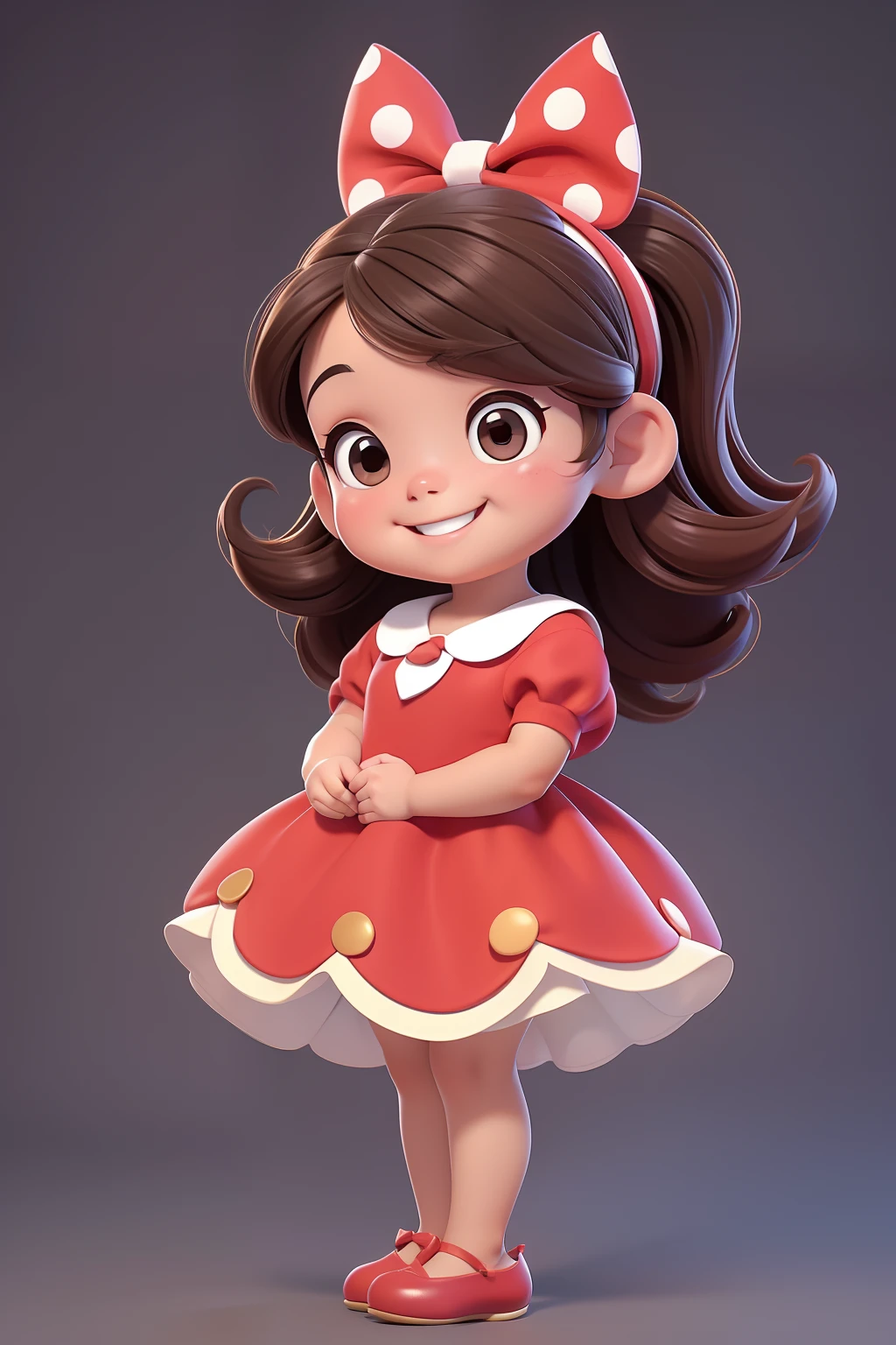 [(An adorable smiling brunette girl :1.2)(Small and cuddly )(pele clara)(Feliz)][(vestindo fantasia inspirada no 'Minnie') , childrens illustration , fundo limpo], wearing a little red dress with white polka dots and a bow in her hair, corpo inteiro, usando um sapatinho preto