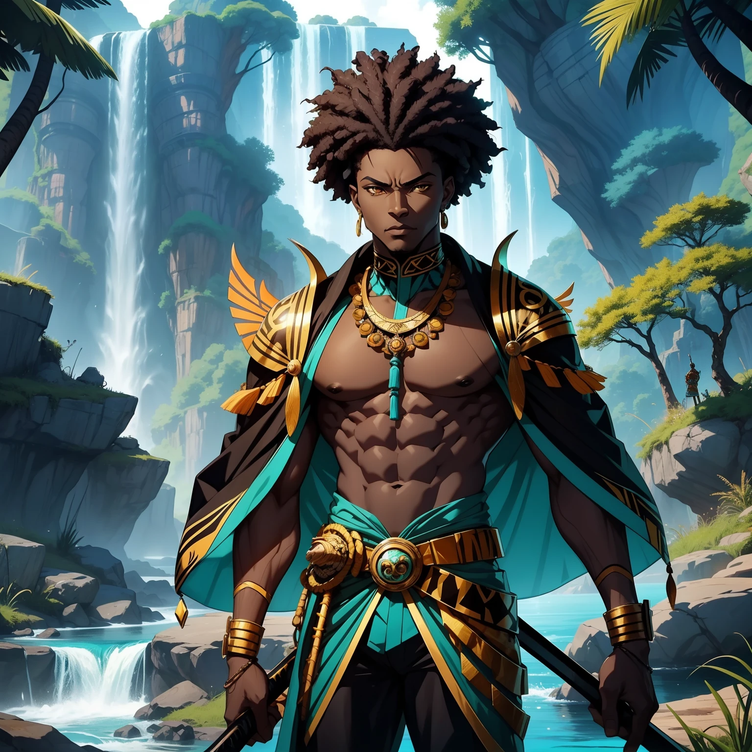 afrofuturism, orisha, A black short and Muscle black man, african god of hunt wearing a turquoise and yellow hunter suit, holding a sword and spear, waterfall background, tiger and fishes, a river, orisha, afrofuturism, ultra quality, short man, 8K, african necklaces, seashells clothes