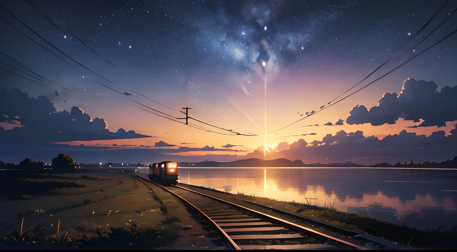 High quality masterpiece ,scenecy,Anime train passing through bodies of water on tracks, Glittering starry sky。Romantic train,Pisif,concept-art,Lofi art style,Reflectors。 By Makoto Shinkai, Lofi art, beautiful anime scenes, Anime landscapes, Detailed scenery —width 672, in the style of makoto shinkai, Makoto Shinkai's style,Detail enhancement
