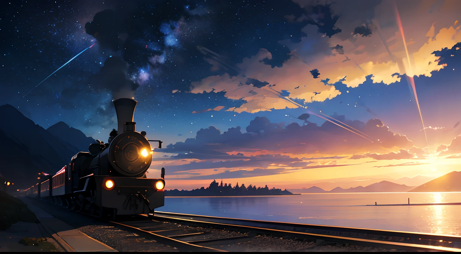 High quality masterpiece ,scenecy,Anime train passing through bodies of water on tracks, Glittering starry sky。Romantic train,Pisif,concept-art,Lofi art style,Reflectors。 By Makoto Shinkai, Lofi art, beautiful anime scenes, Anime landscapes, Detailed scenery —width 672, in the style of makoto shinkai, Makoto Shinkai's style,Detail enhancement