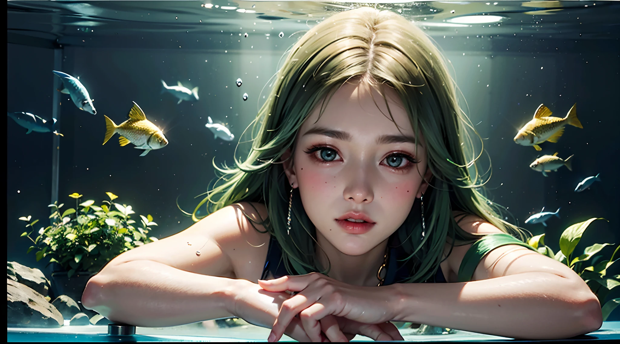 Close-up through a fish tank filled with fiirl stands behind a fish tank and watches the audience，Long green hair，Dull hair，sparkle eyes，Seductive to the eye，The corners of the mouth are upturned，HD quality wallpaper，refracted light，The water texture is clear，The head is particularly depicted in the frame