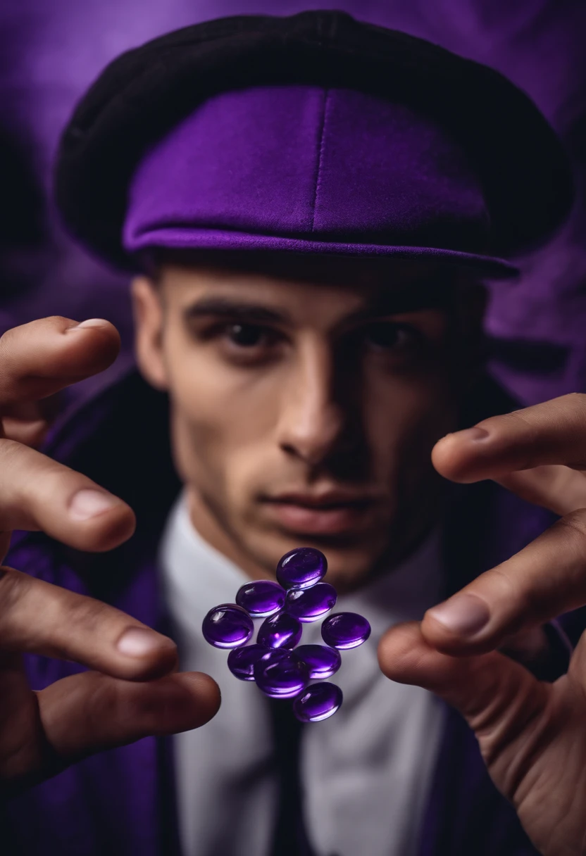 Two guys taking purple pills, one of they is holding the transparent frask whit the purple pills inside