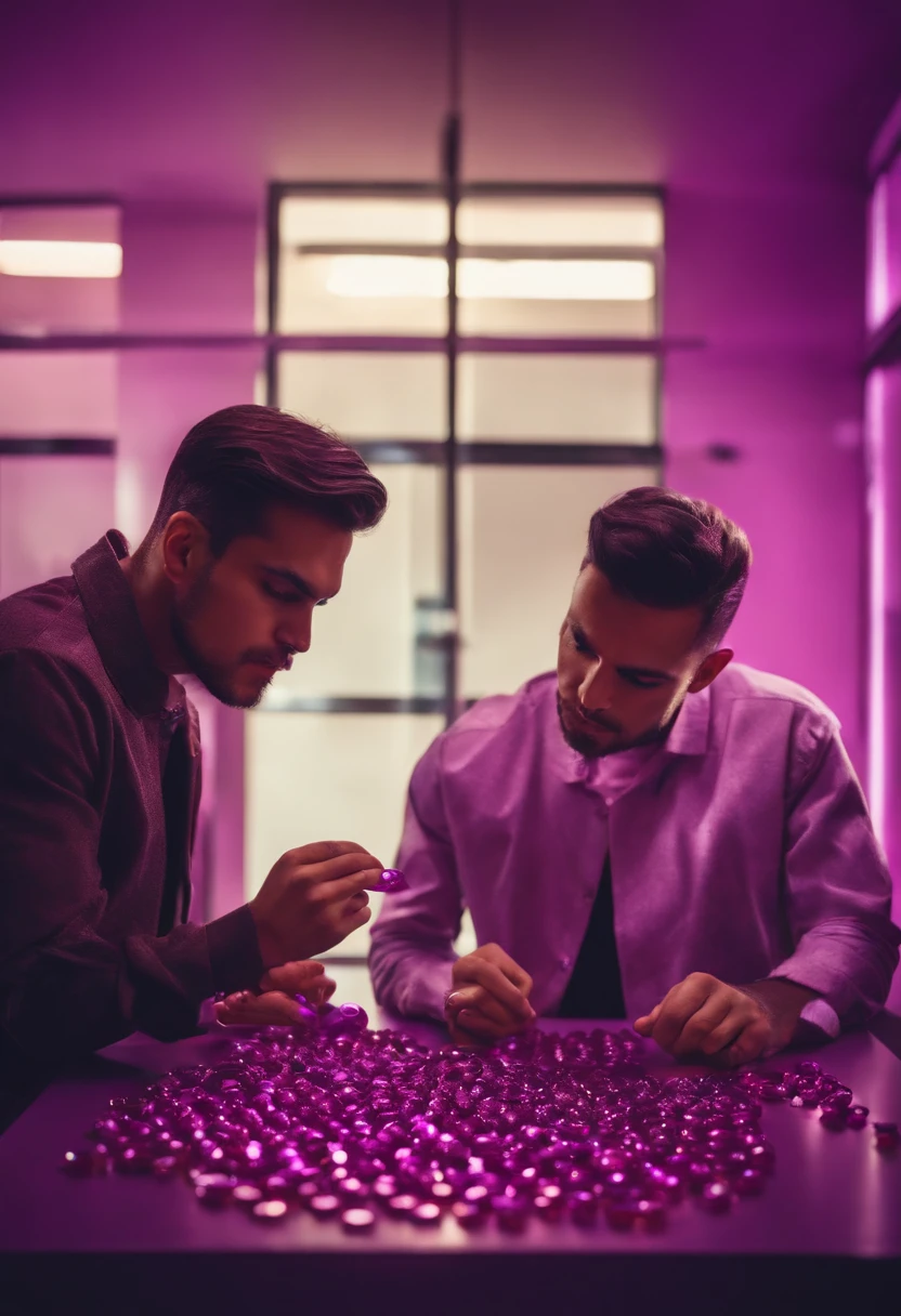 Two guys taking purple pills, one of they is holding the transparent frask whit the purple pills inside