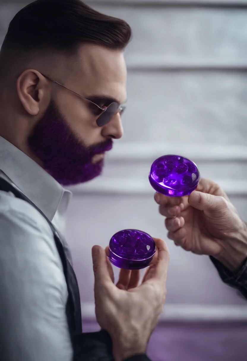 Two guys taking purple pills, one of they is holding the transparent frask whit the purple pills inside