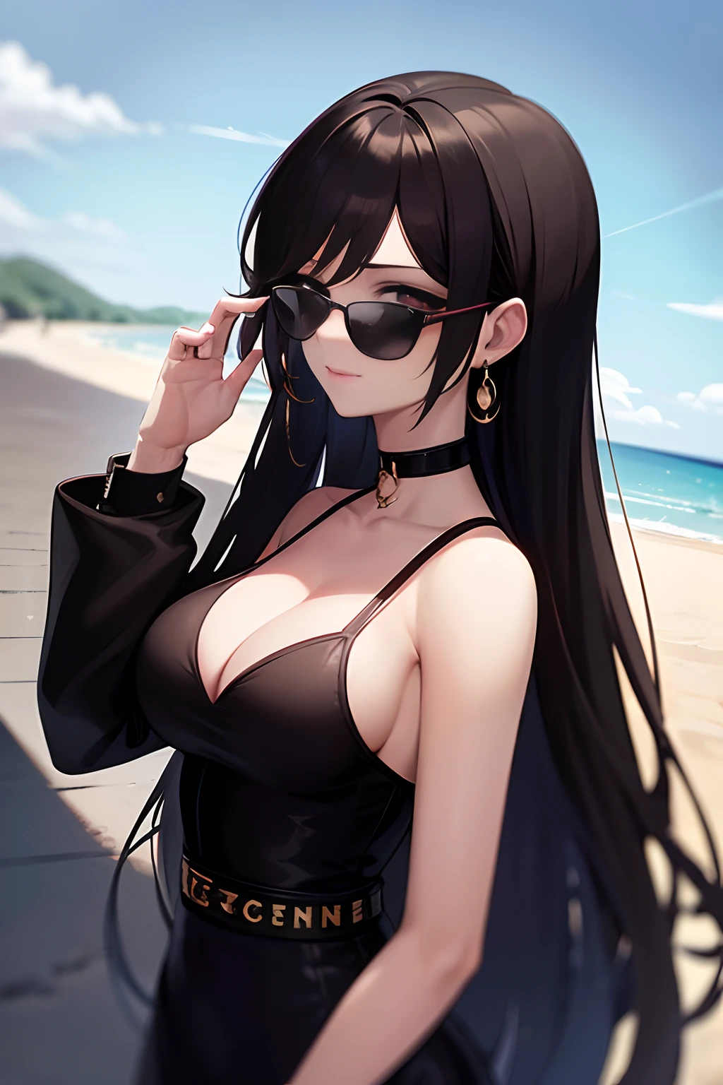 arafed woman with sunglasses and a black dress posing for a picture, with sunglasses, thick dark glasses, with sunglass, sun glasses, in sun glasses, sunglasses, inspired by Ion Andreescu, wearing versace sunglasses, black sunglasses, profile pic, profile image, dark shades, cynthwave, wearing shades, dark glasses, wearing sunglasses