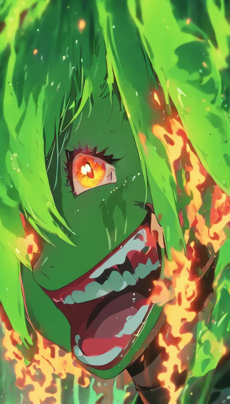 Niji Slime, kawaii, anime, flat colors, cel shaded, horror theme, halloween, flames, 1girl, looking at viewer, smile, short hair, jewelry, earrings, choker, necklace, makeup, black choker, piercing, lipstick, portrait, green lips, green theme, side lighting, neon lighting, rim lighting, specular highlights,