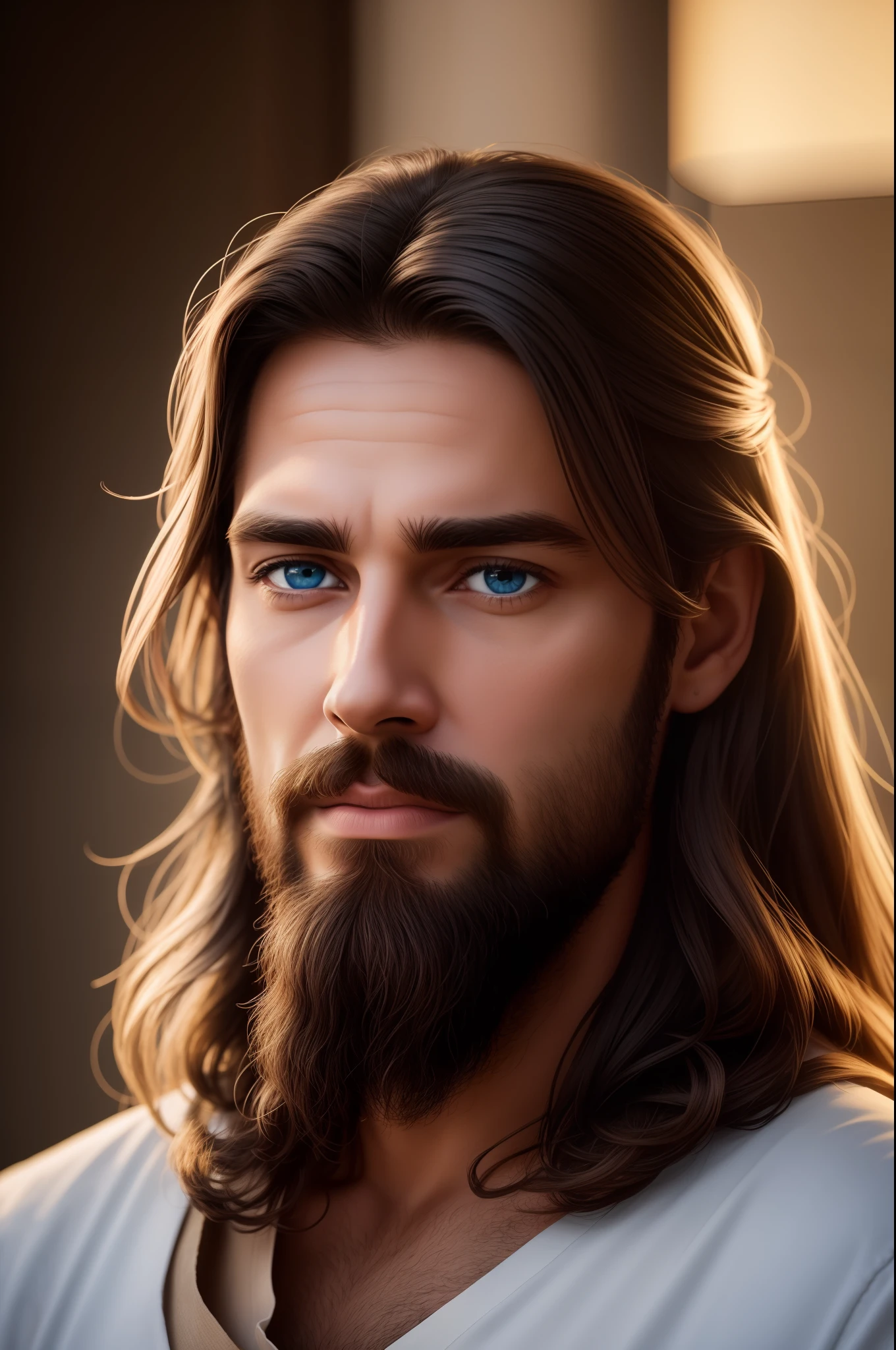 Create a realistic depiction of Jesus in the style of, Paradise Celestial Background , Olhando para o futuro com longos cabelos castanhos e barba. His blue eyes are gentle and expressive, Certificar-se, that the image is of high quality and rich in detail, to apprehend the essence of Jesus , Alto Detalhe da Pele: 1,2 8k uhd , 20 MP, Fujifilm XT3, 80mm