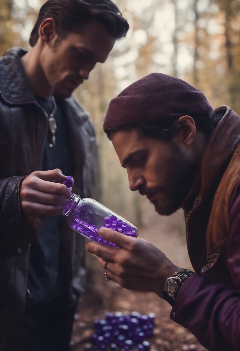 Two guys taking purple pills, One of them is holding the transparent bottle with the purple pills inside