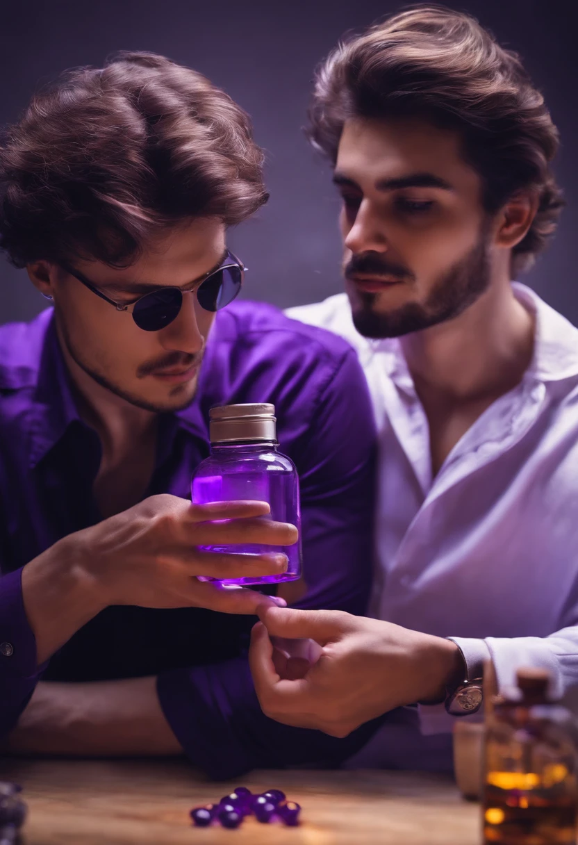 Two guys taking purple pills, One of them is holding the transparent bottle with the purple pills inside