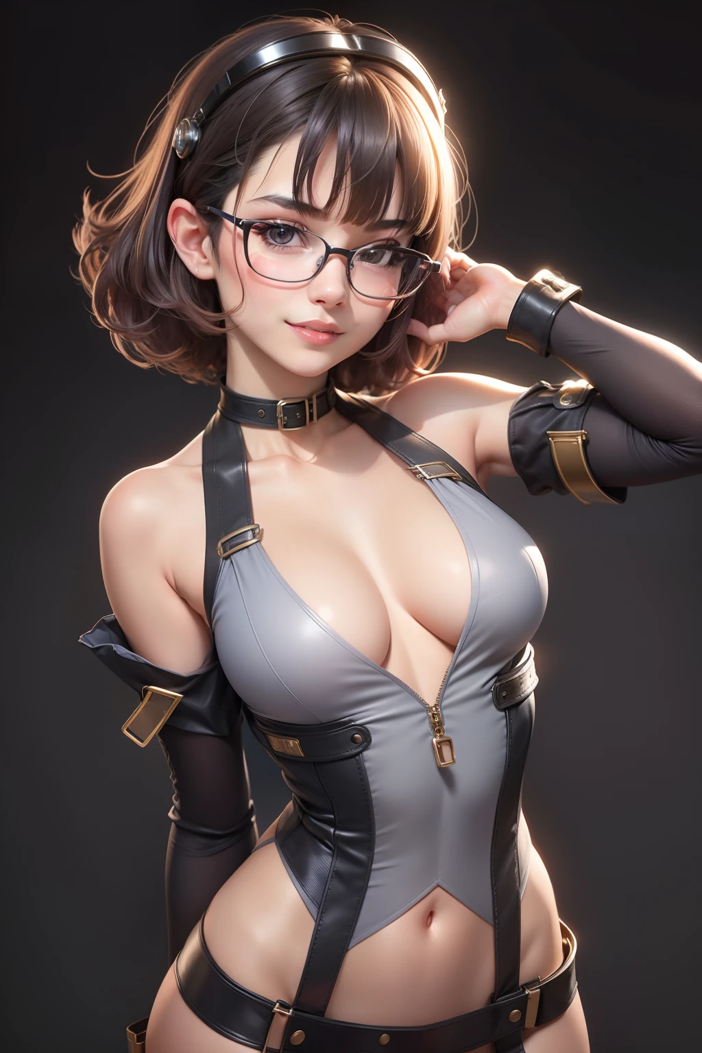 1 cute girl (18yo) glasses, upper body, slim waist, natural small breast, sexy pose, seductive expression, bangs, random hairstyle, cleavage, navel, collar, collarbone, off shoulder, seductive smile, wear intricately detail hot and sexy outfit, pilot costume, wear unique helmet, random light color, upper body. flat gray color for background