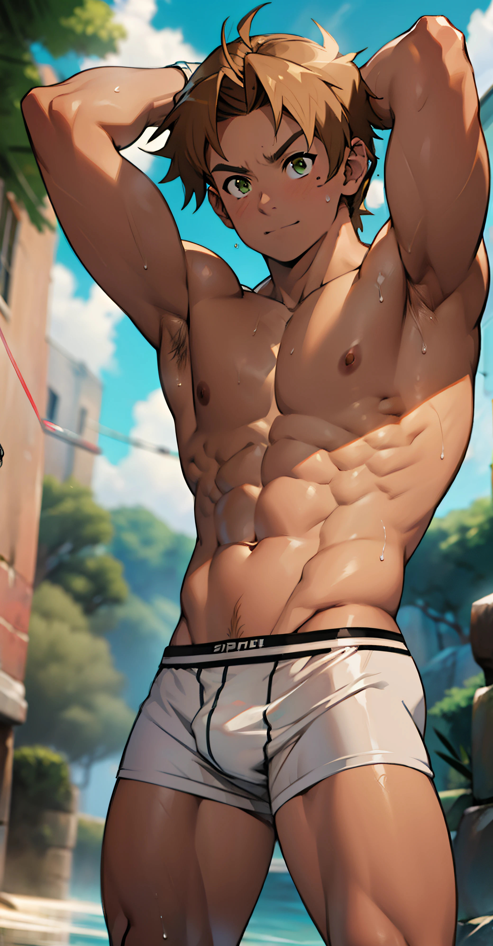 (close-up) (character looking straight, mid-body photo) anime boy, topless, shirtless, , cute baby face, toned body, triangle underwear, tight underwear, briefs bulging due to erect genitals, wearing briefs to reveal huge muscular thigh muscles, standing, one hand behind head, one hand on hip, sweat dripping down, topless, the sun shines brightly, the skin is shiny, the skin is tanned brown