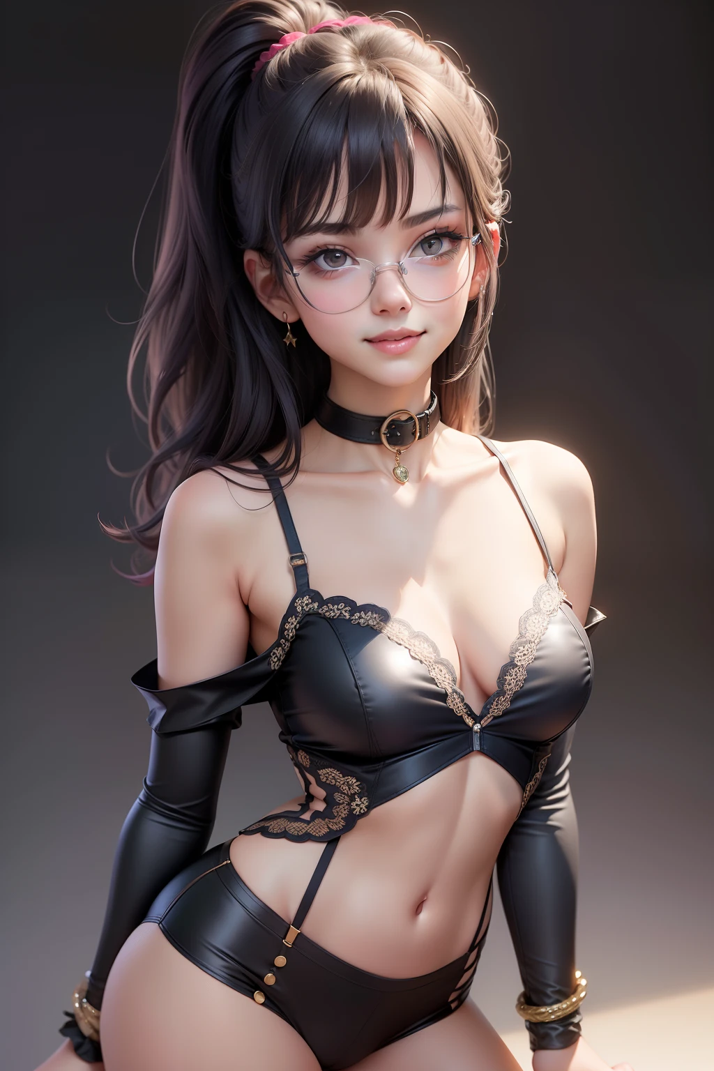 1 cute girl (18yo) glasses, upper body, slim waist, natural small breast, sexy pose, seductive expression, bangs, random hairstyle, cleavage, navel, collar, collarbone, off shoulder, seductive smile, wear intricately detail hot and sexy outfit, racer costume, wear unique helmet, random light color, upper body. flat gray color for background