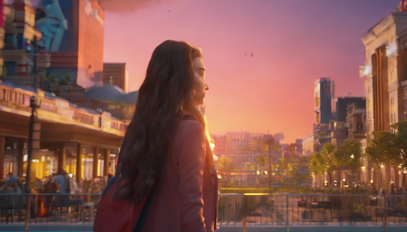 Sunset, city, mall, long-haired girl