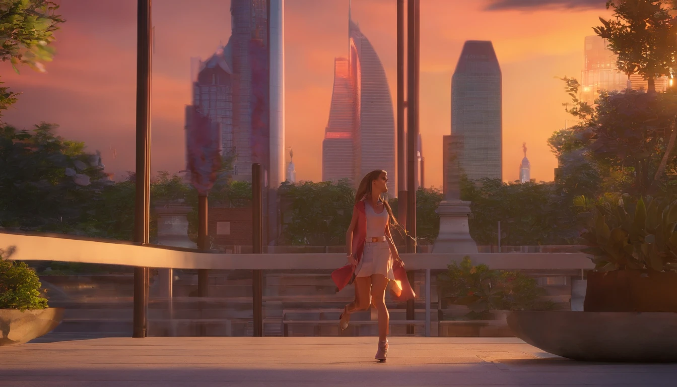 Sunset, city, mall, long-haired girl